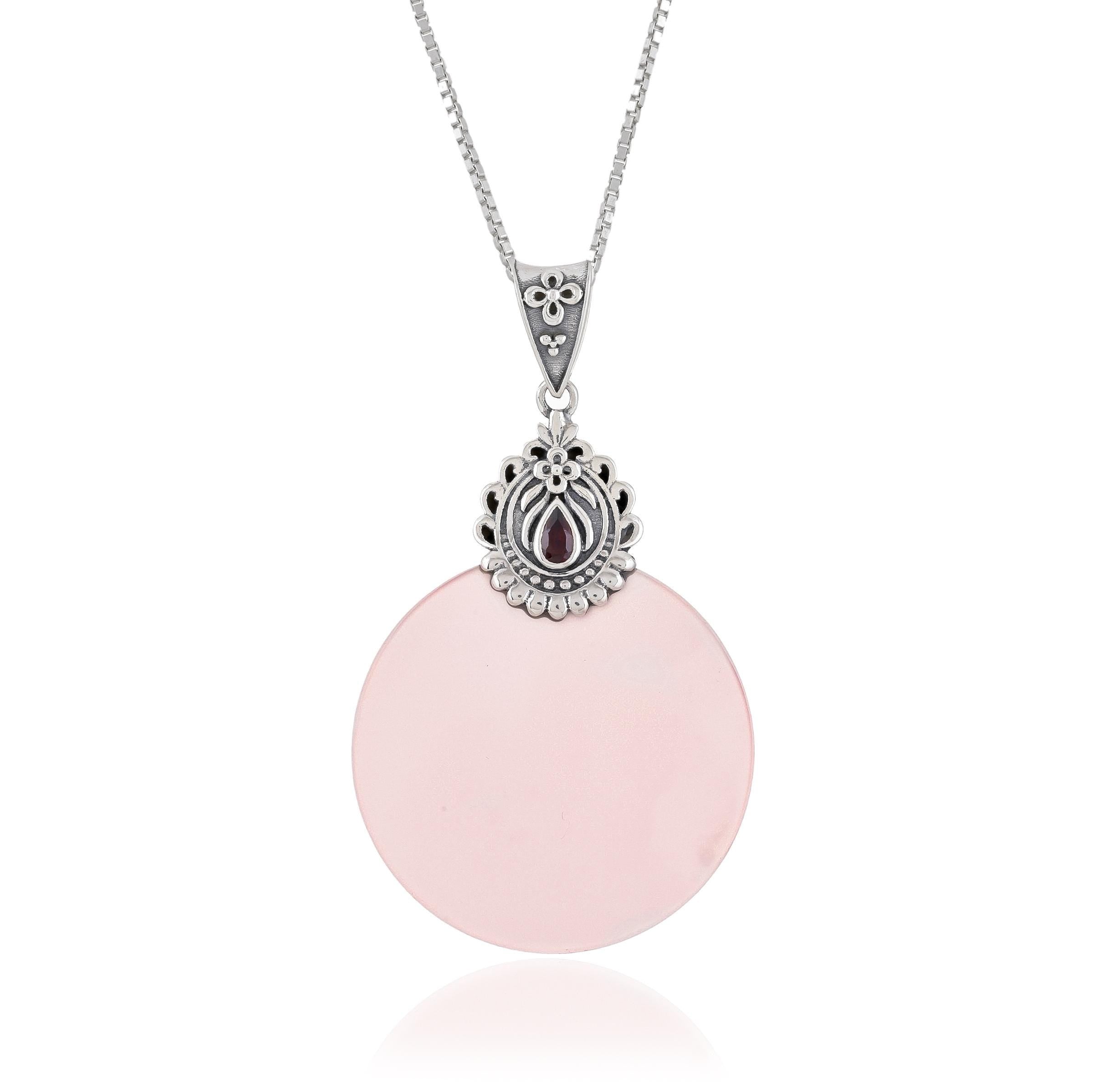 Handmade Rose Quartz Disk Pendant: Sterling Silver Garnet Accent
