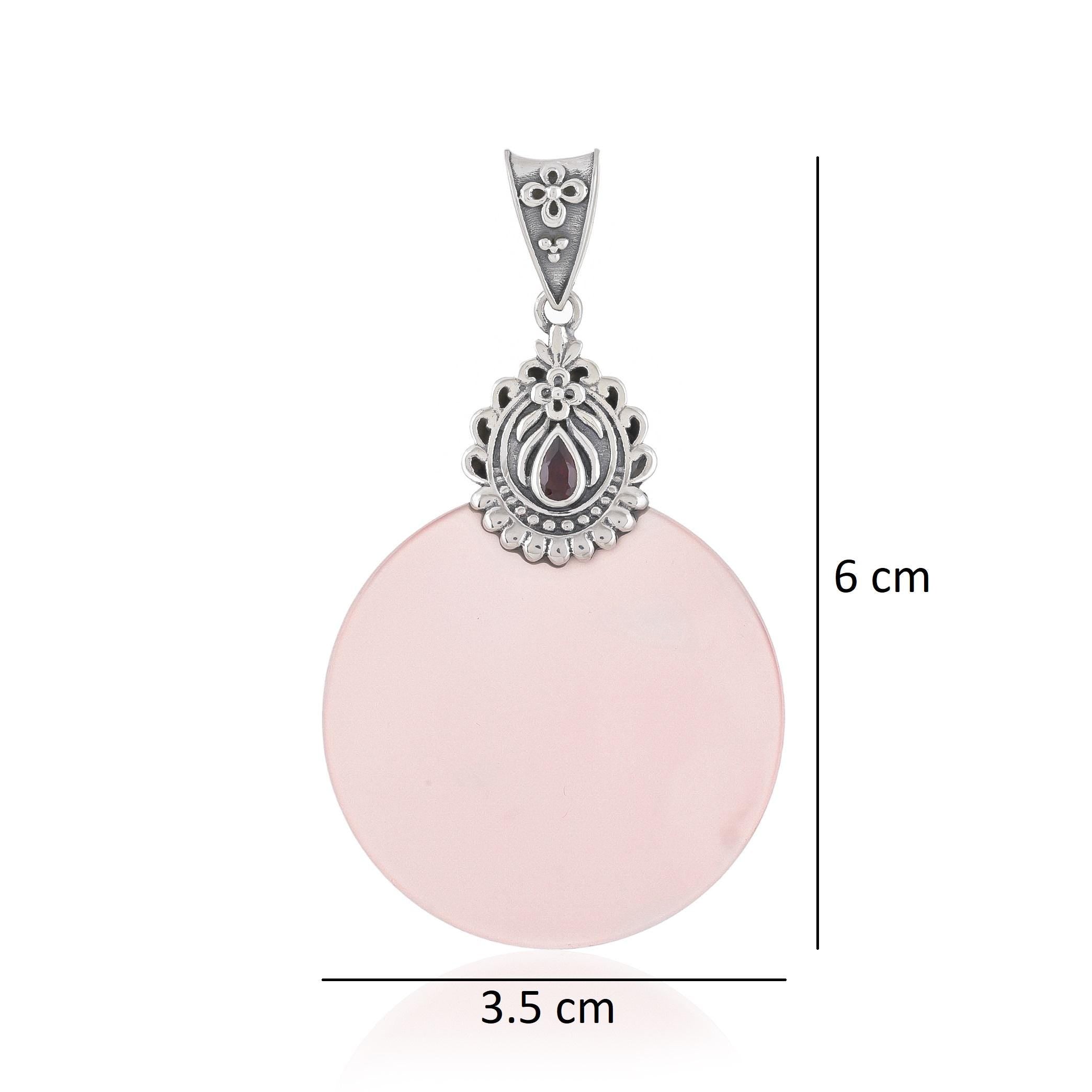 Handmade Rose Quartz Disk Pendant: Sterling Silver Garnet Accent