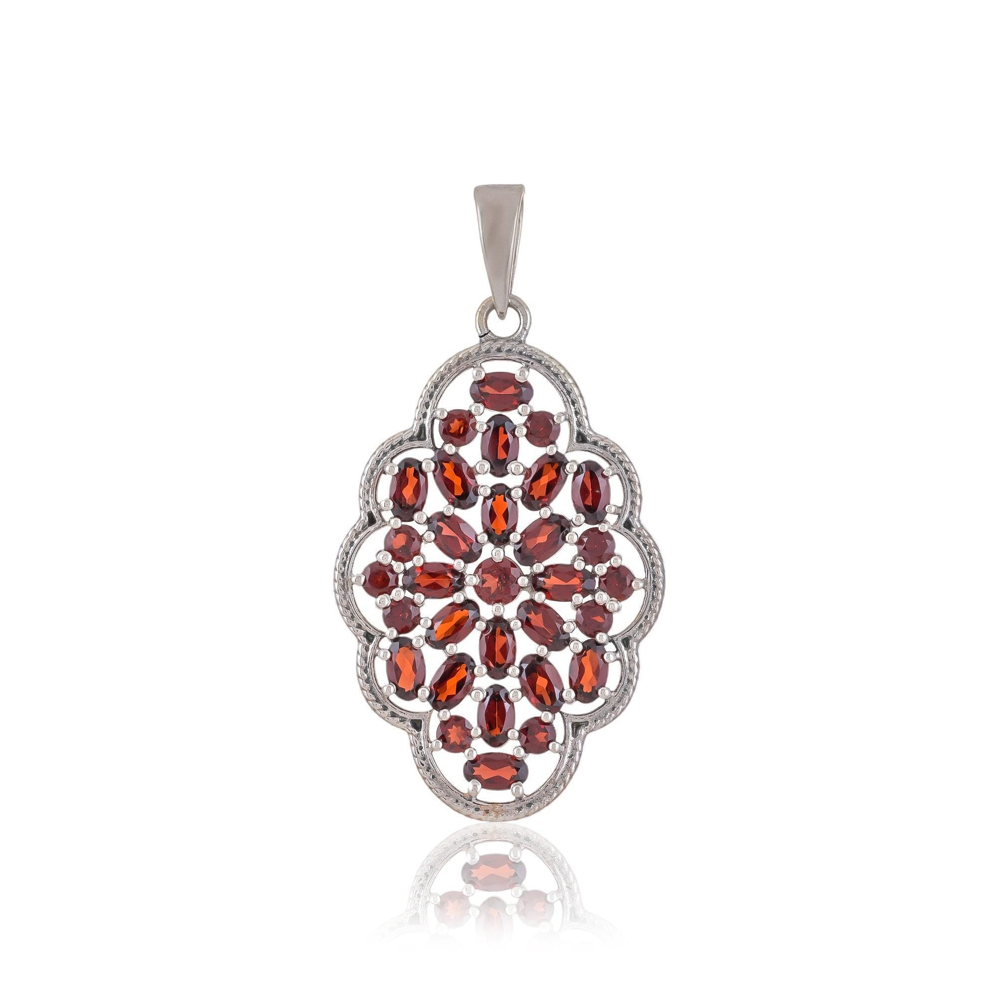 Natural Garnet Pendant: 925 Sterling Silver Floral Design