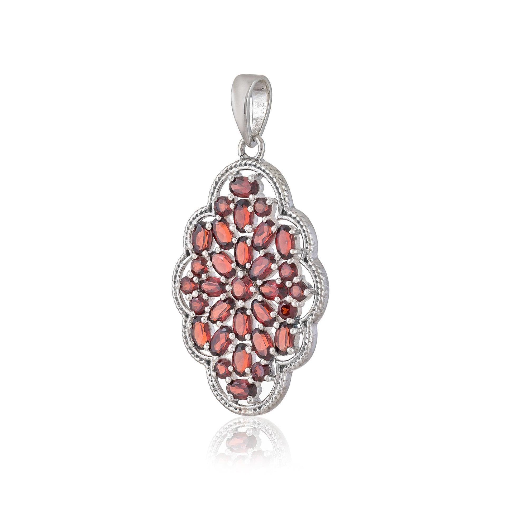 Natural Garnet Pendant: 925 Sterling Silver Floral Design