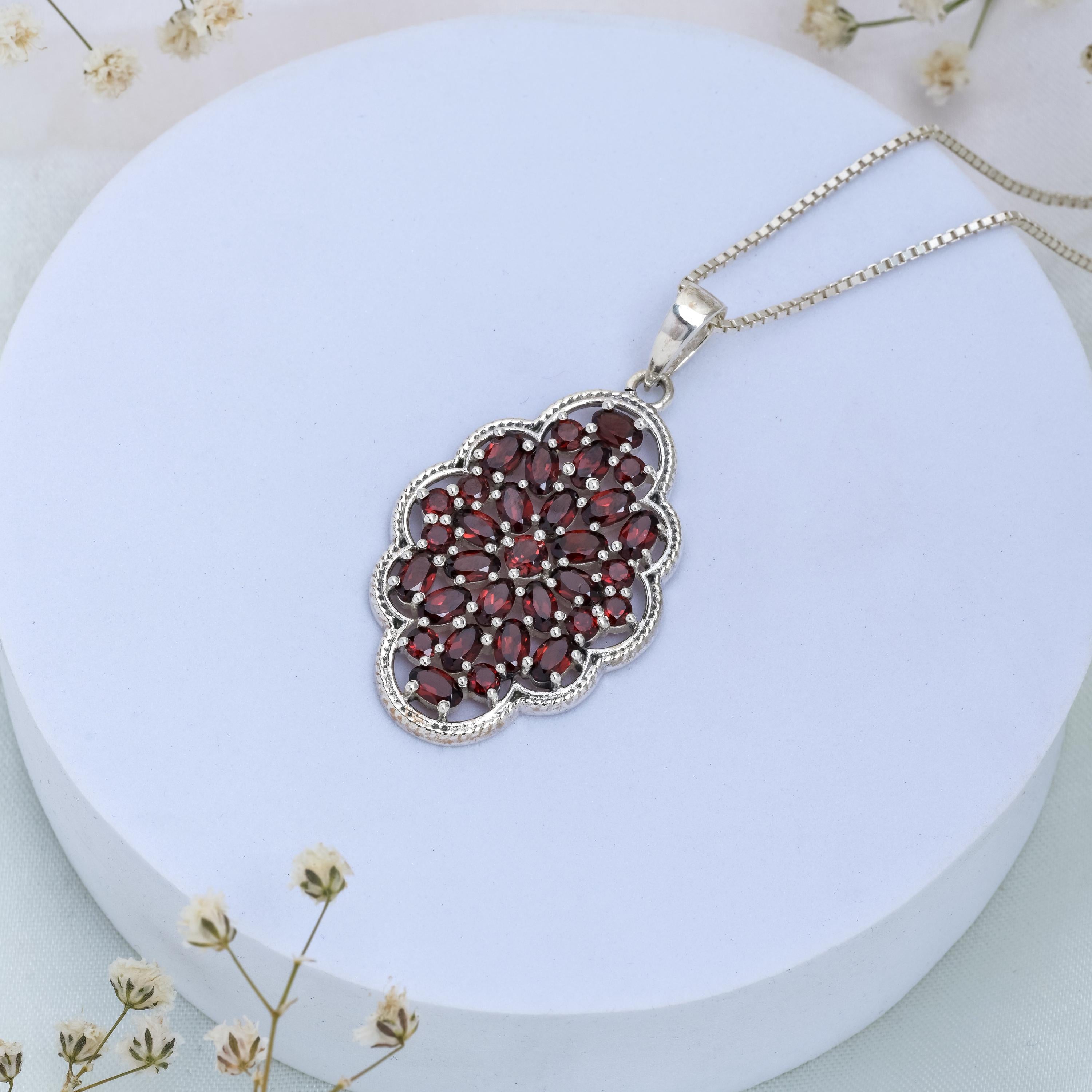 Natural Garnet Pendant: 925 Sterling Silver Floral Design