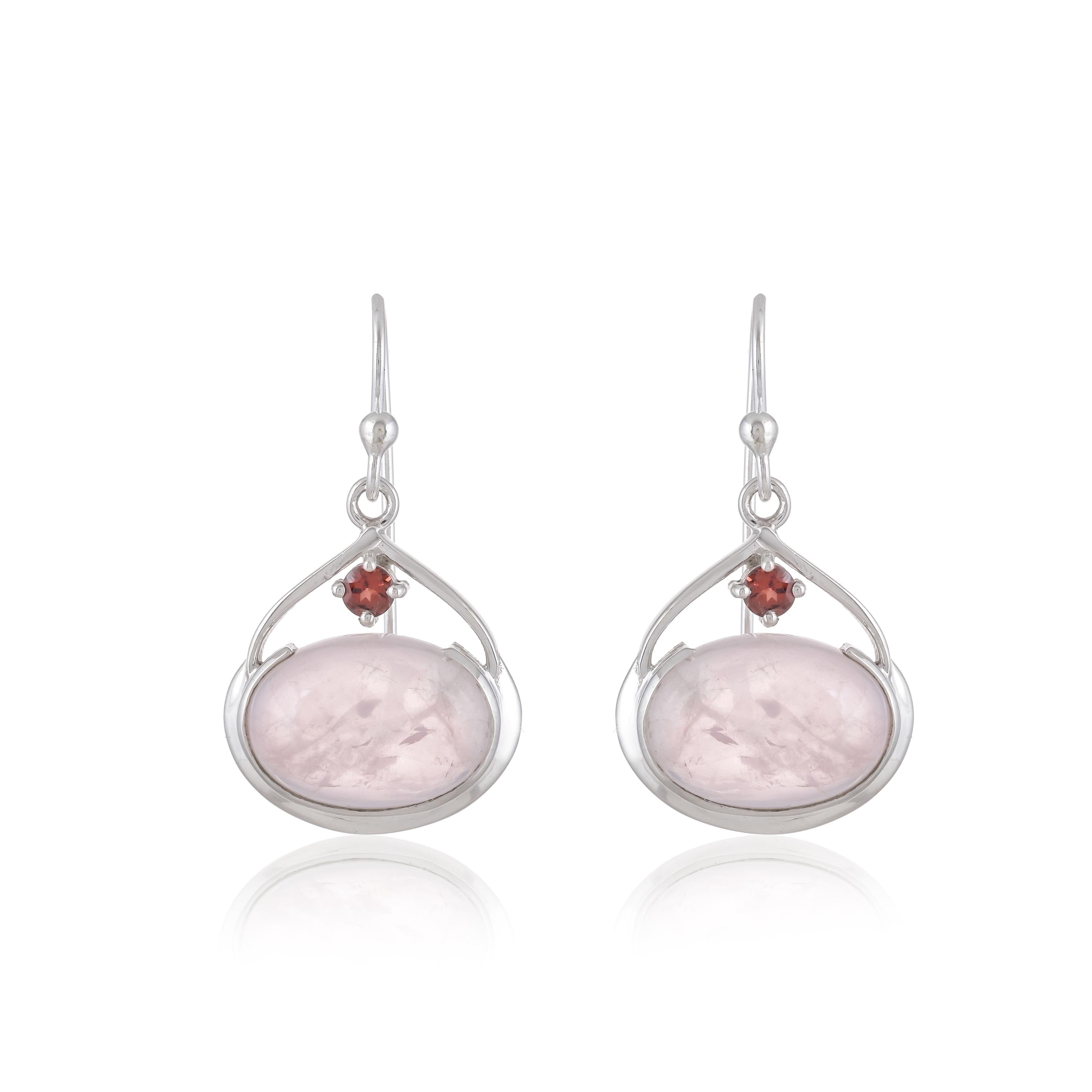 Rose Quartz Garnet Earrings: Sterling Silver Dangle Jewelry