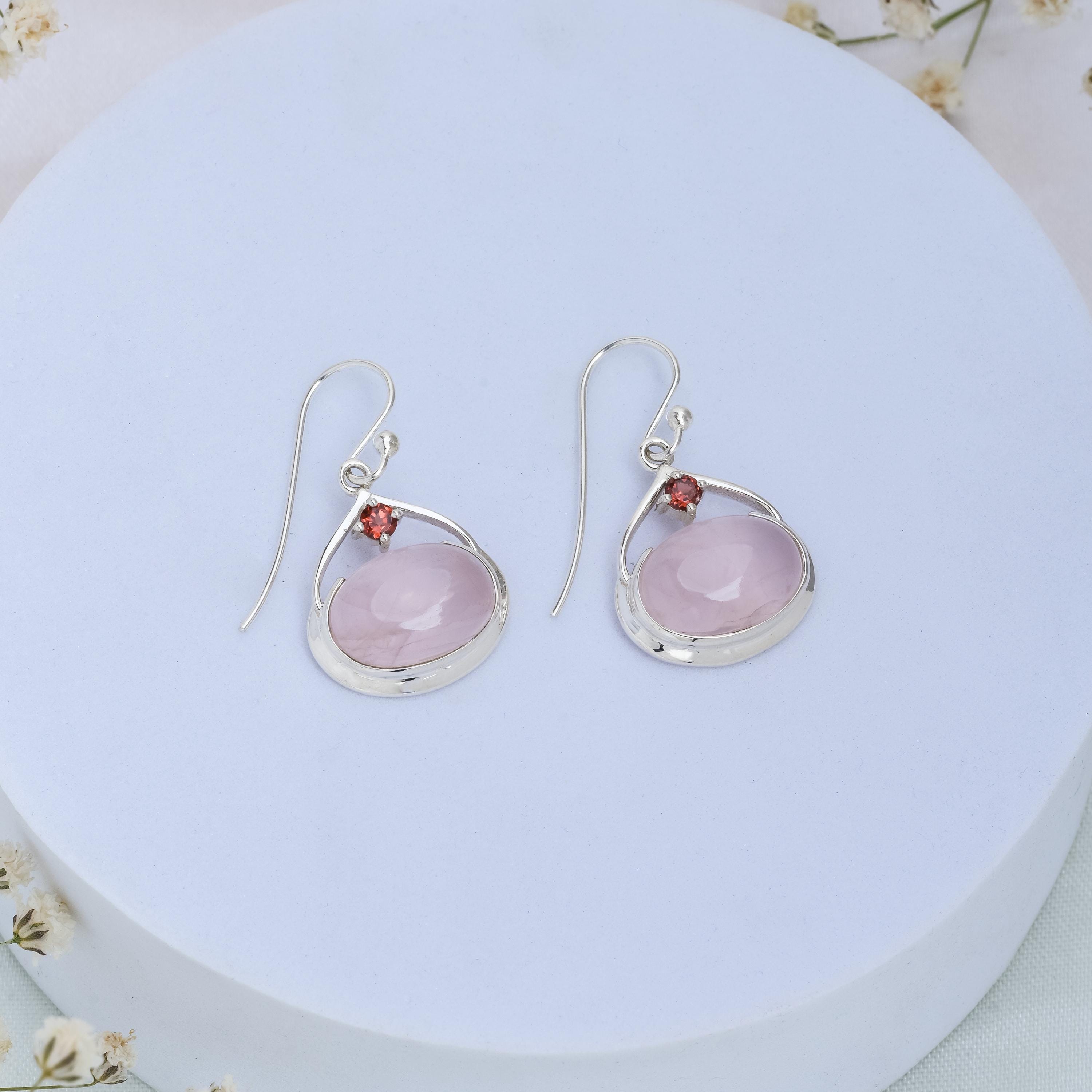 Rose Quartz Garnet Earrings: Sterling Silver Dangle Jewelry