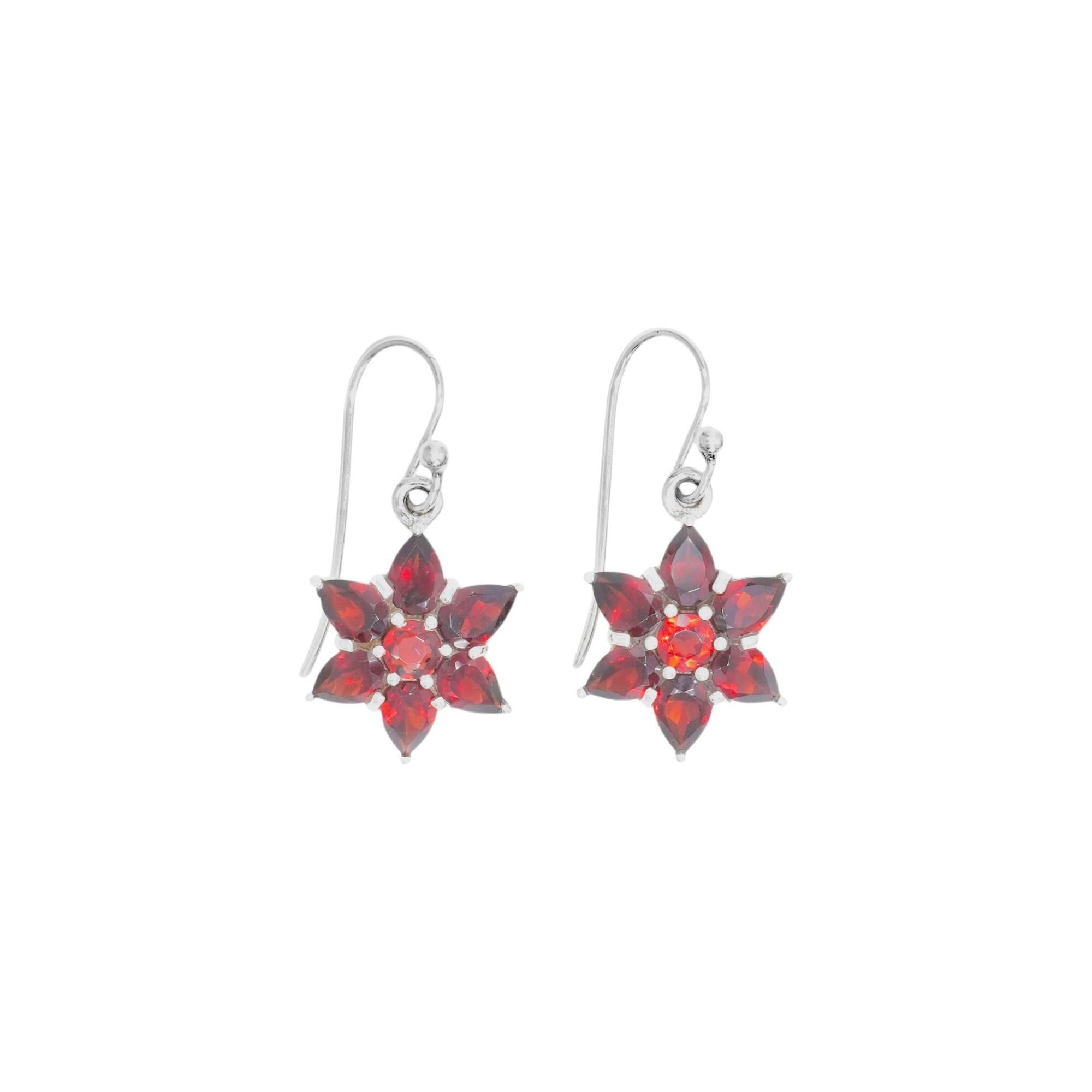 Garnet Flower Earrings: 925 Sterling Silver Dangle Charms