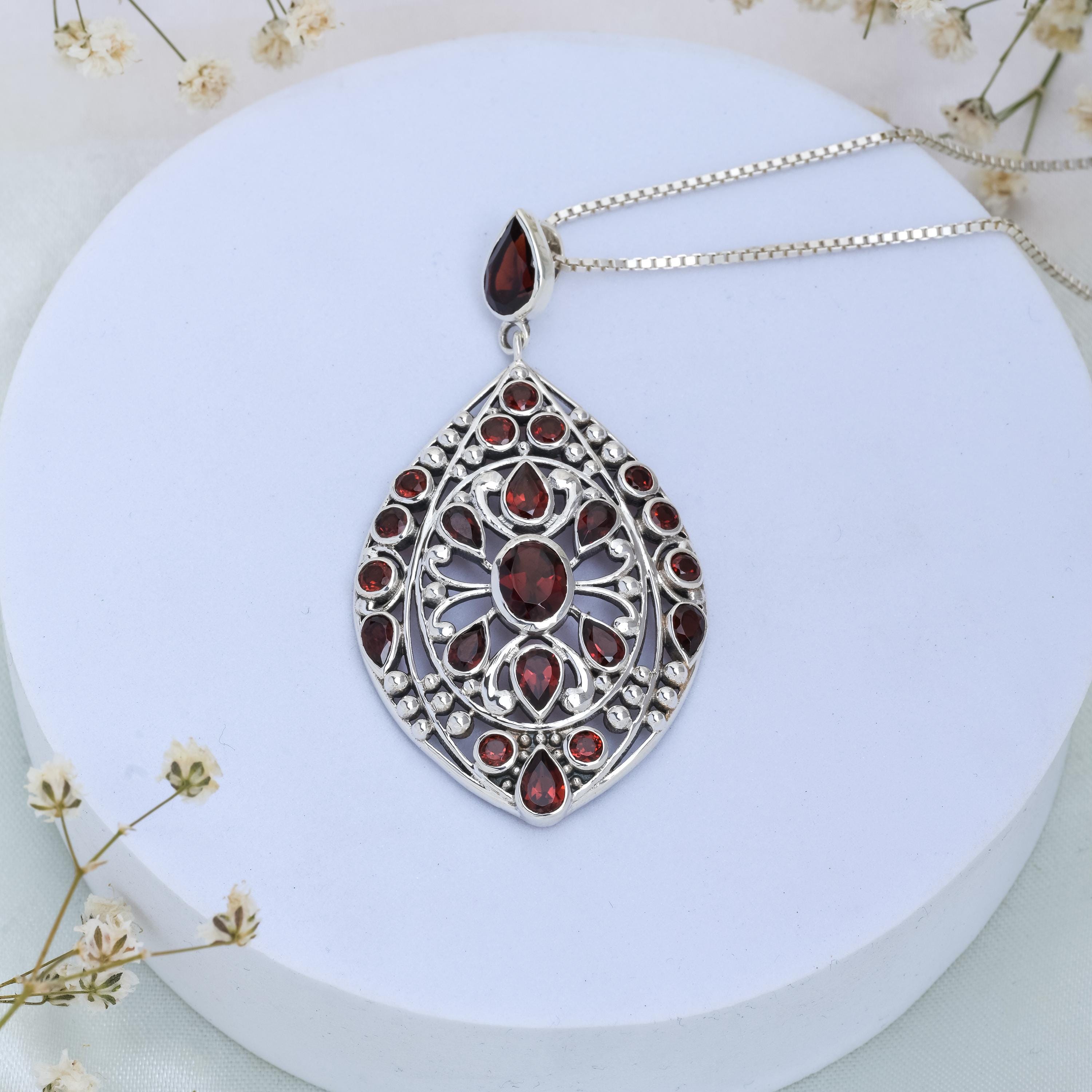 Antique Garnet Pendant: Large Sterling Silver Multi-Stone Design
