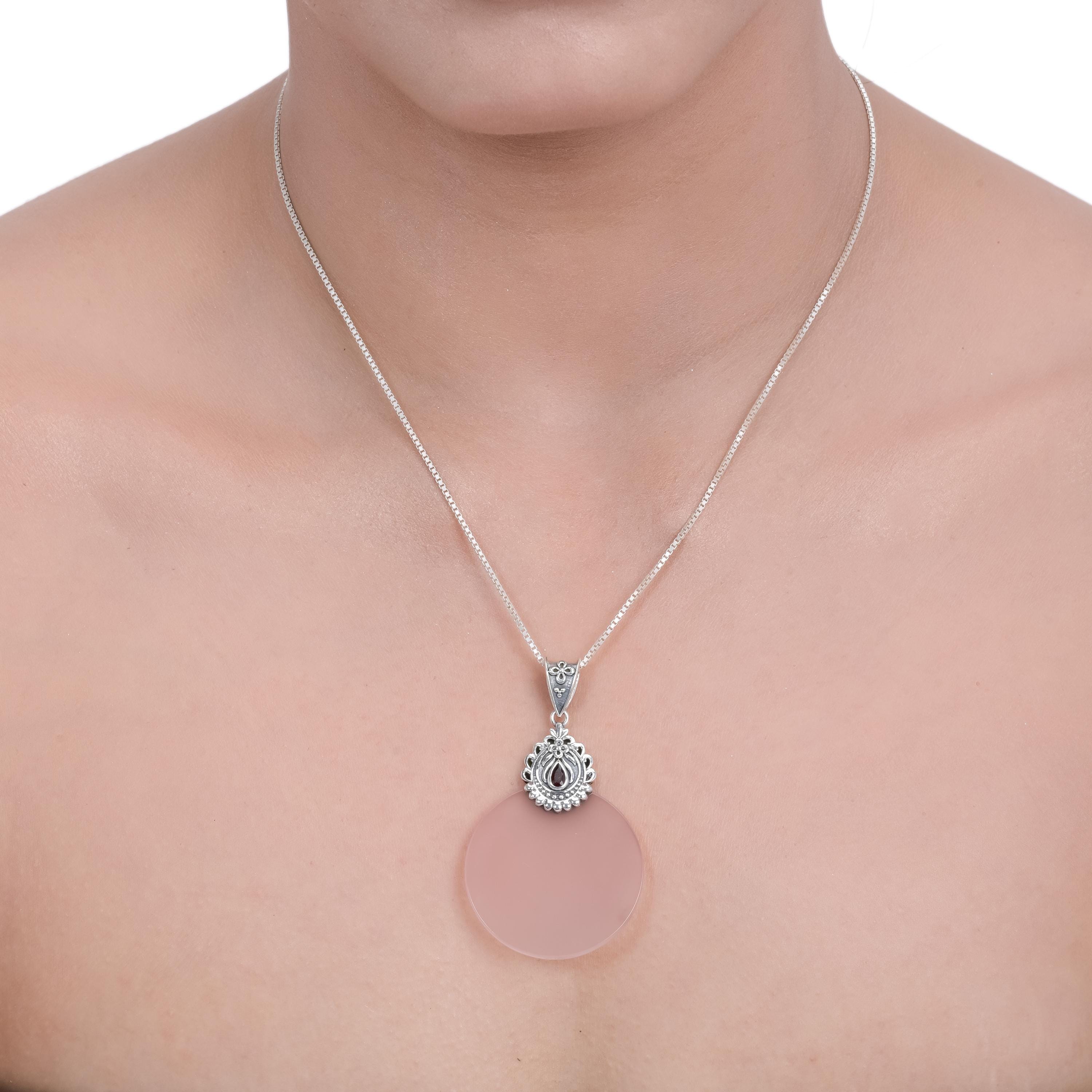 Handmade Rose Quartz Disk Pendant: Sterling Silver Garnet Accent