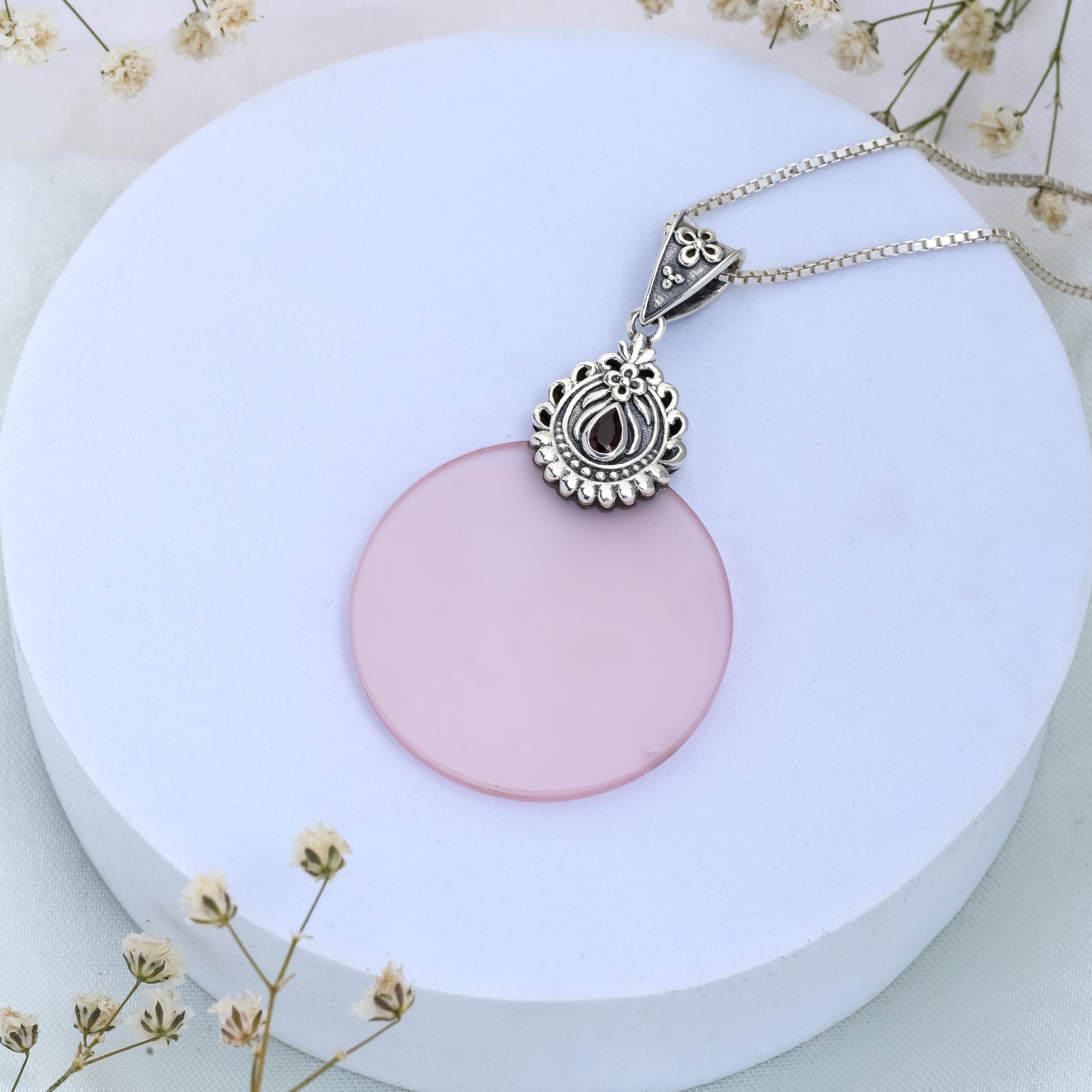 Handmade Rose Quartz Disk Pendant: Sterling Silver Garnet Accent