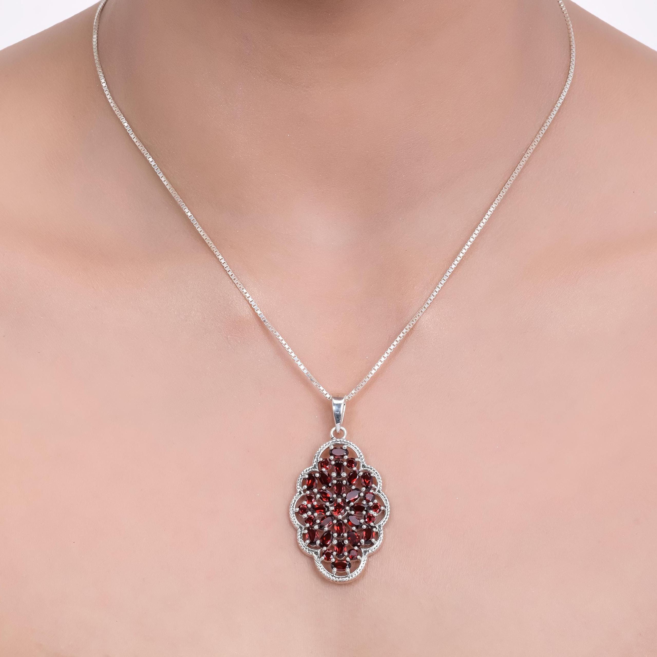 Natural Garnet Pendant: 925 Sterling Silver Floral Design