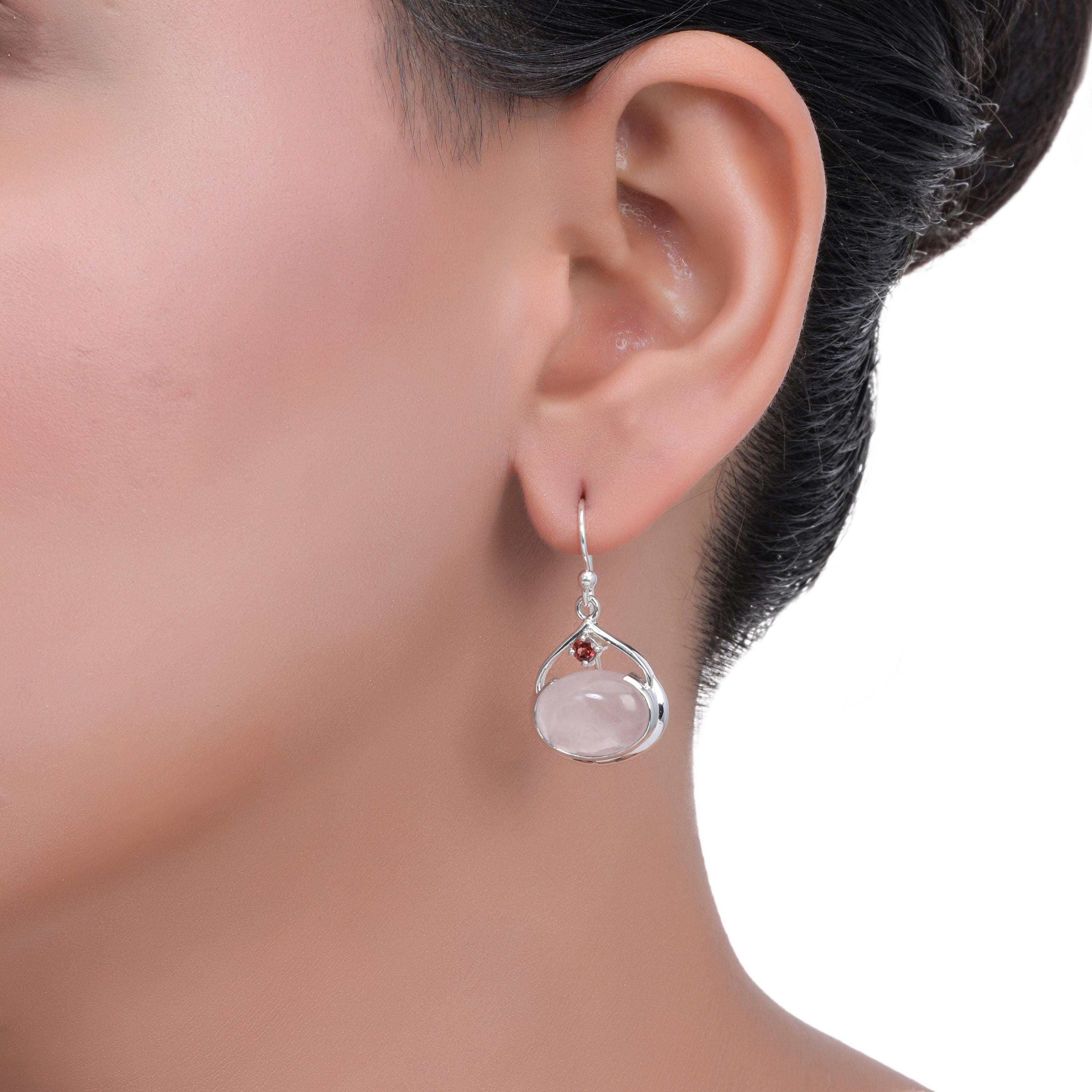 Rose Quartz Garnet Earrings: Sterling Silver Dangle Jewelry