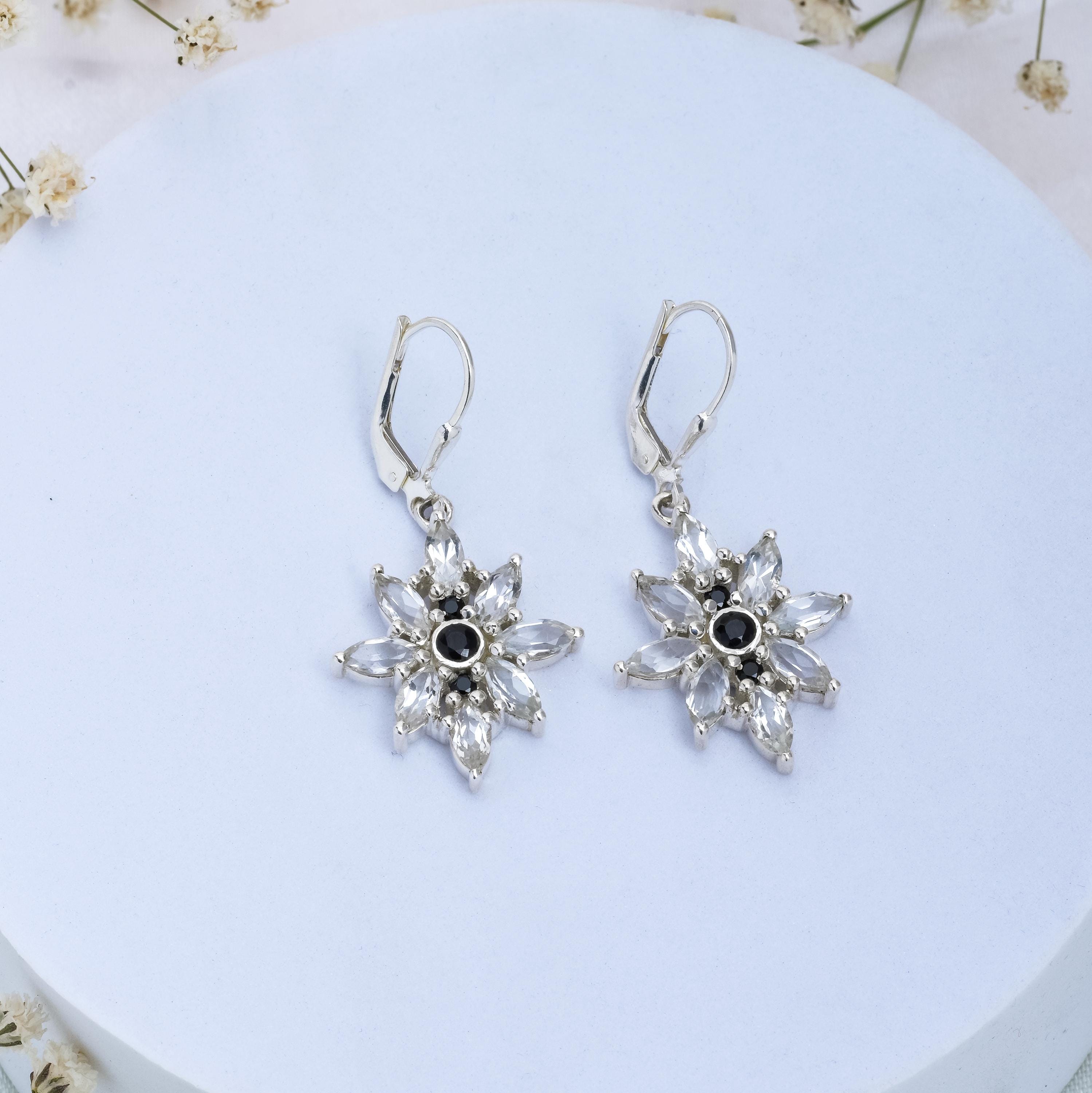 White Topaz Black Spinel Earrings: 925 Sterling Silver Flower Dangle