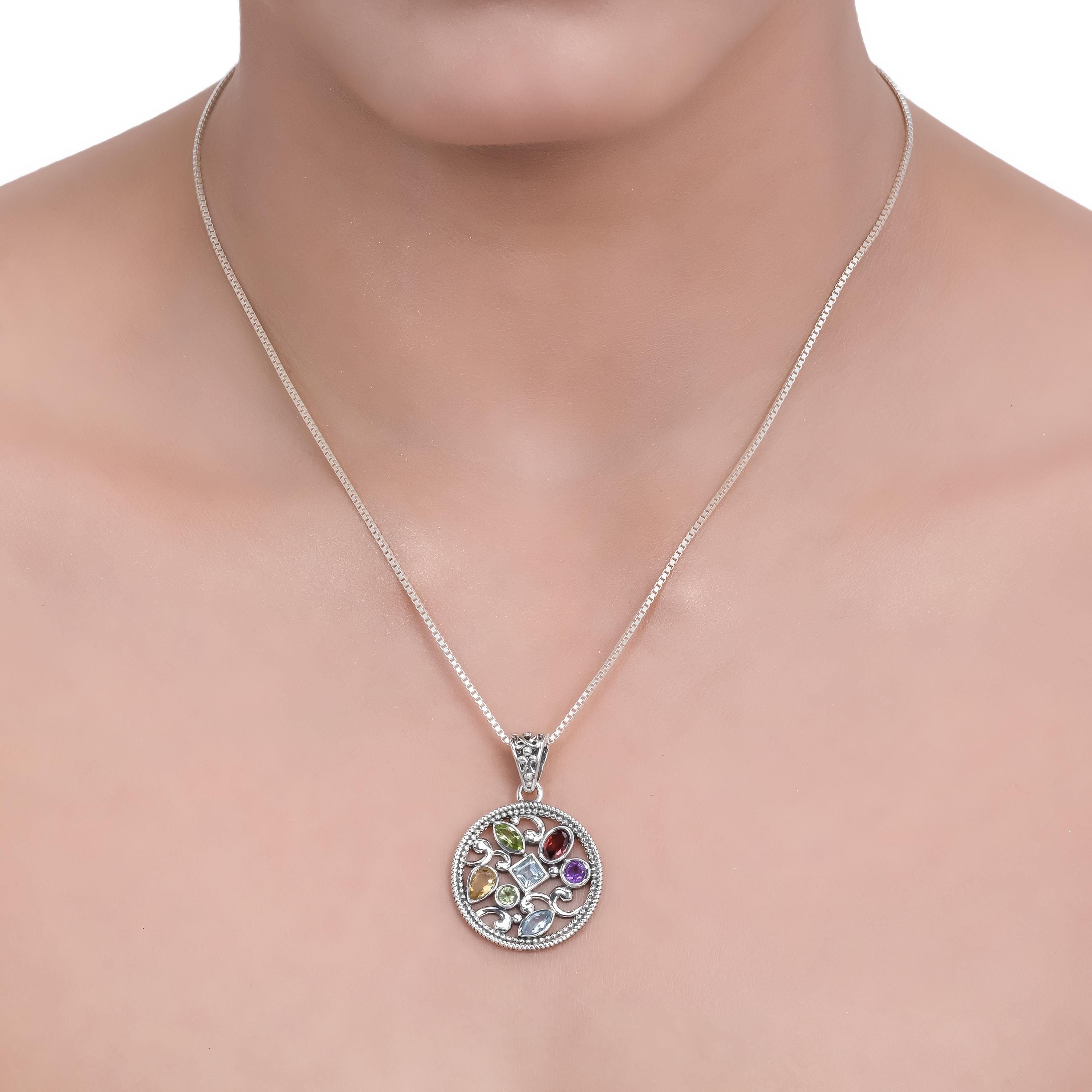 Multi Gemstone Sterling Silver Pendant: Colorful 925 Jewelry