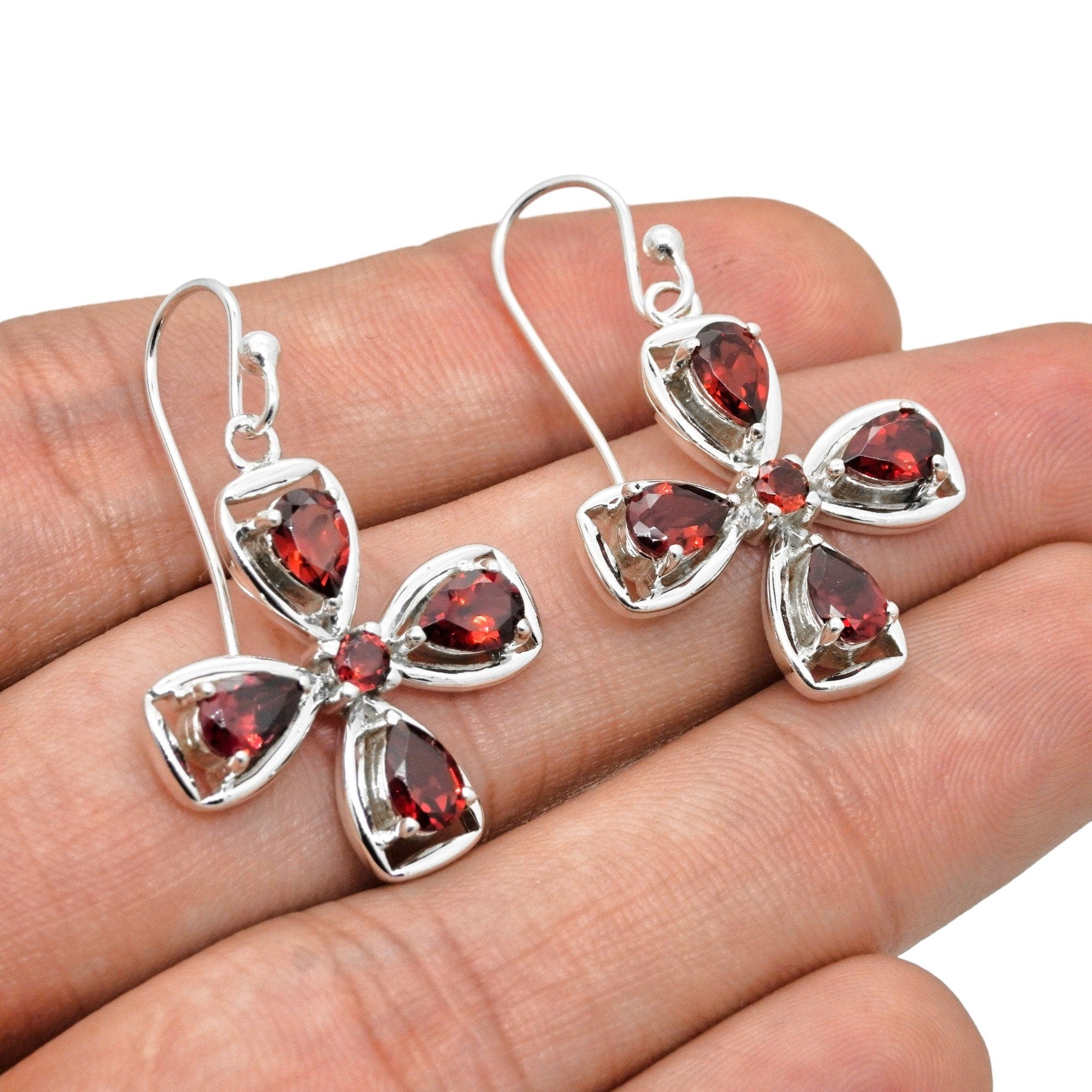 Sterling Silver Garnet Flower Earrings: 925 Silver Designer Jewelry