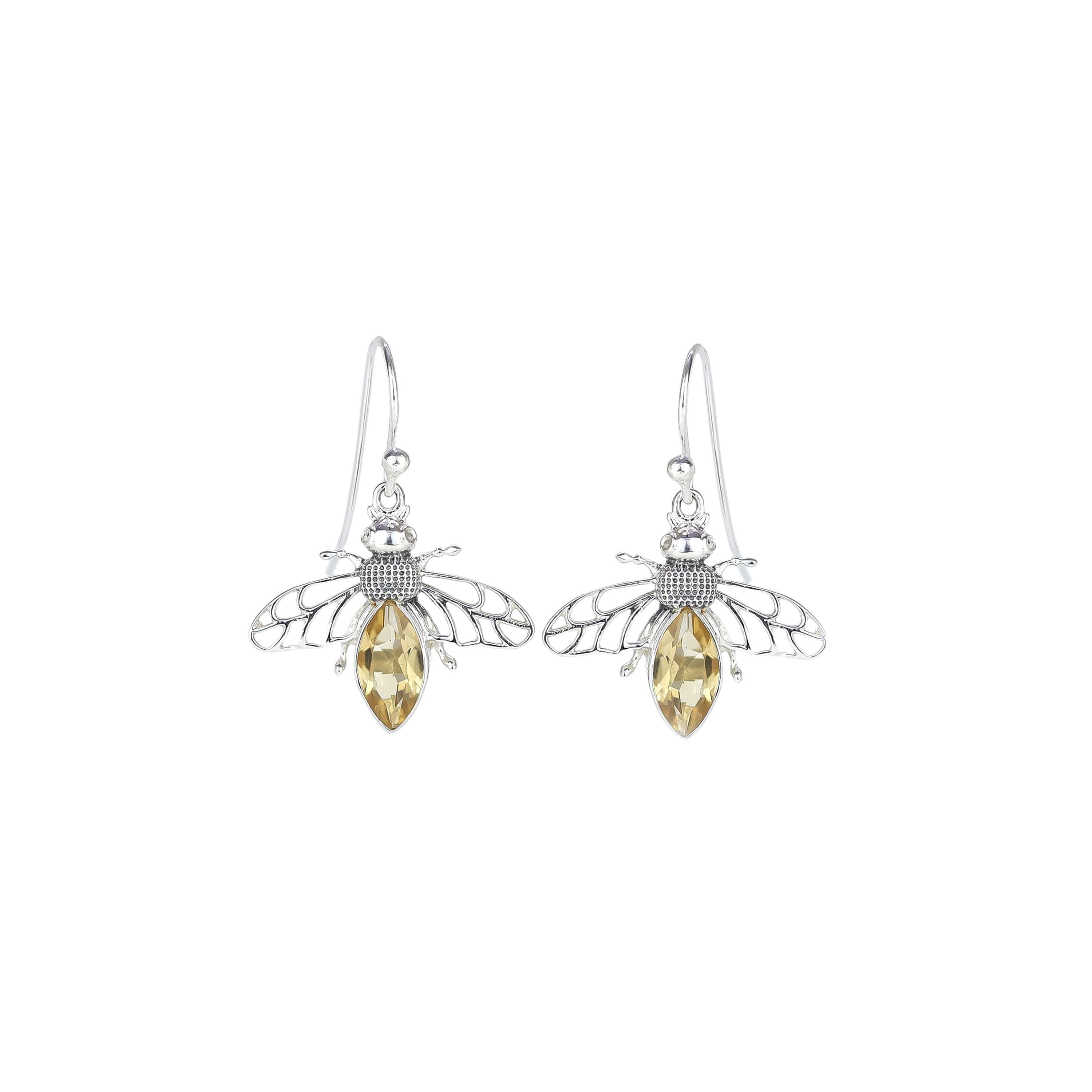 Citrine Bee Earrings, 925 silver dangle charm earrings, gift for daughter