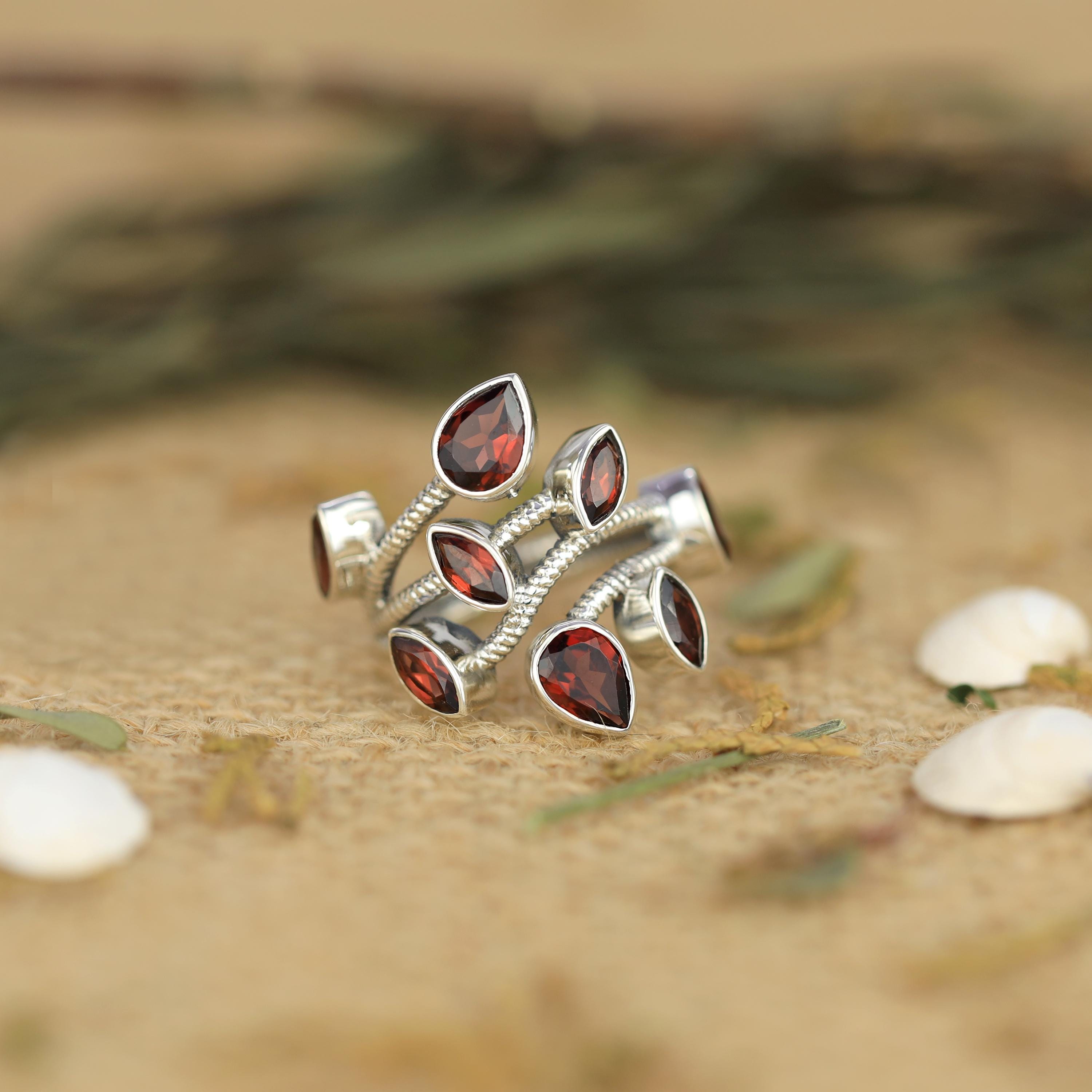 Sterling Silver Garnet Ring: Handmade Twisted Wire Design