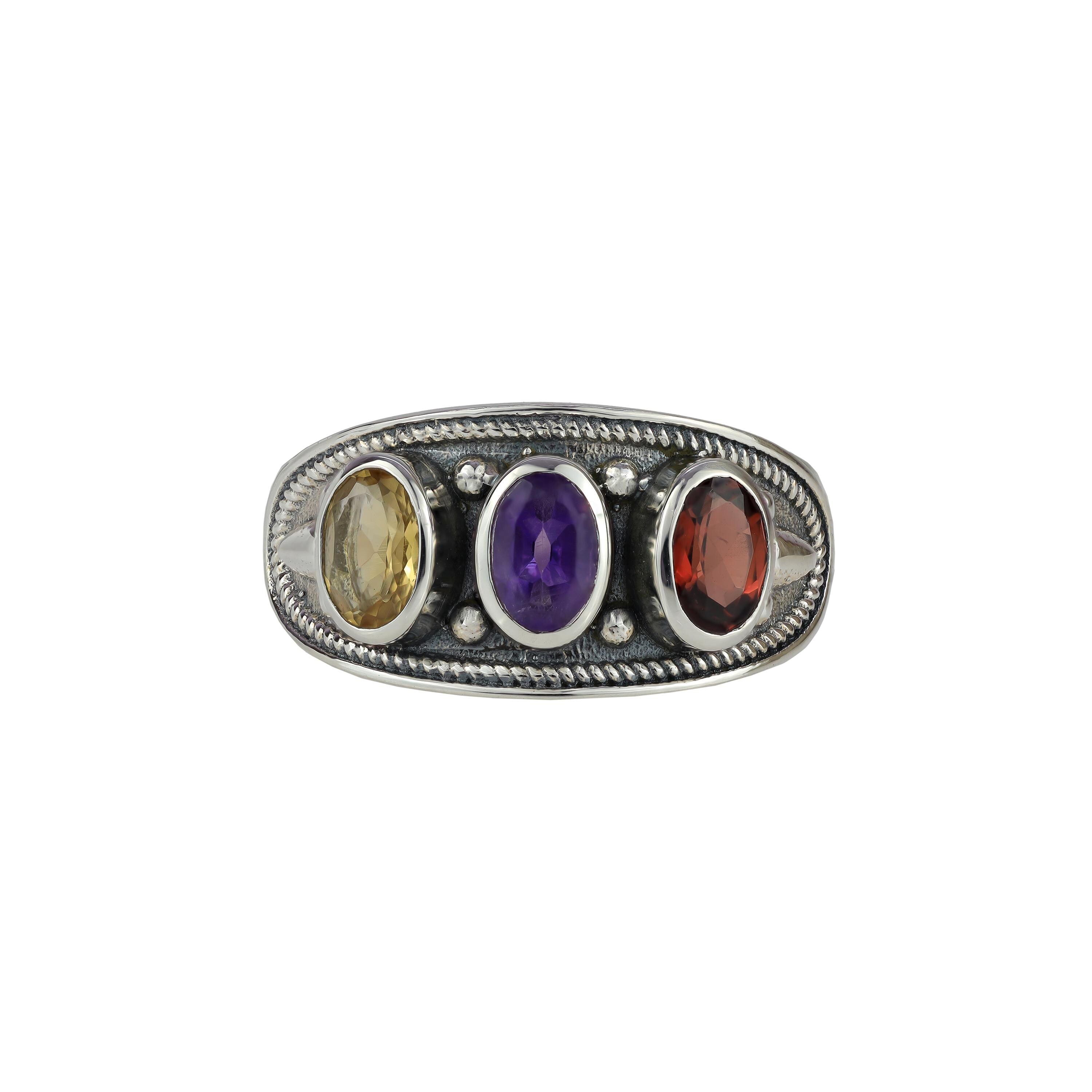 Amethyst Sterling Silver Three Stone Ring: 925 Gemstone Ring