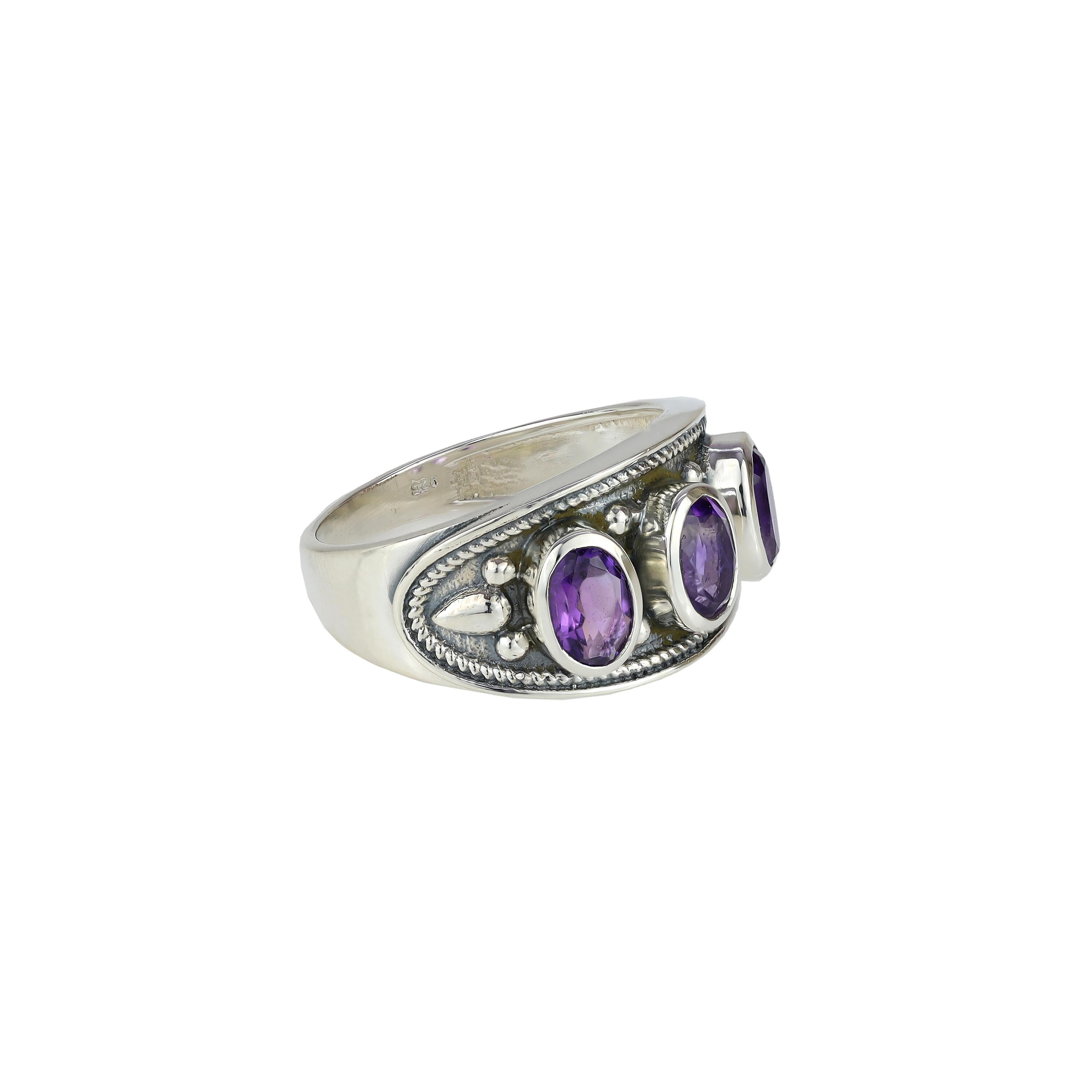 Amethyst Sterling Silver Three Stone Ring: 925 Gemstone Ring