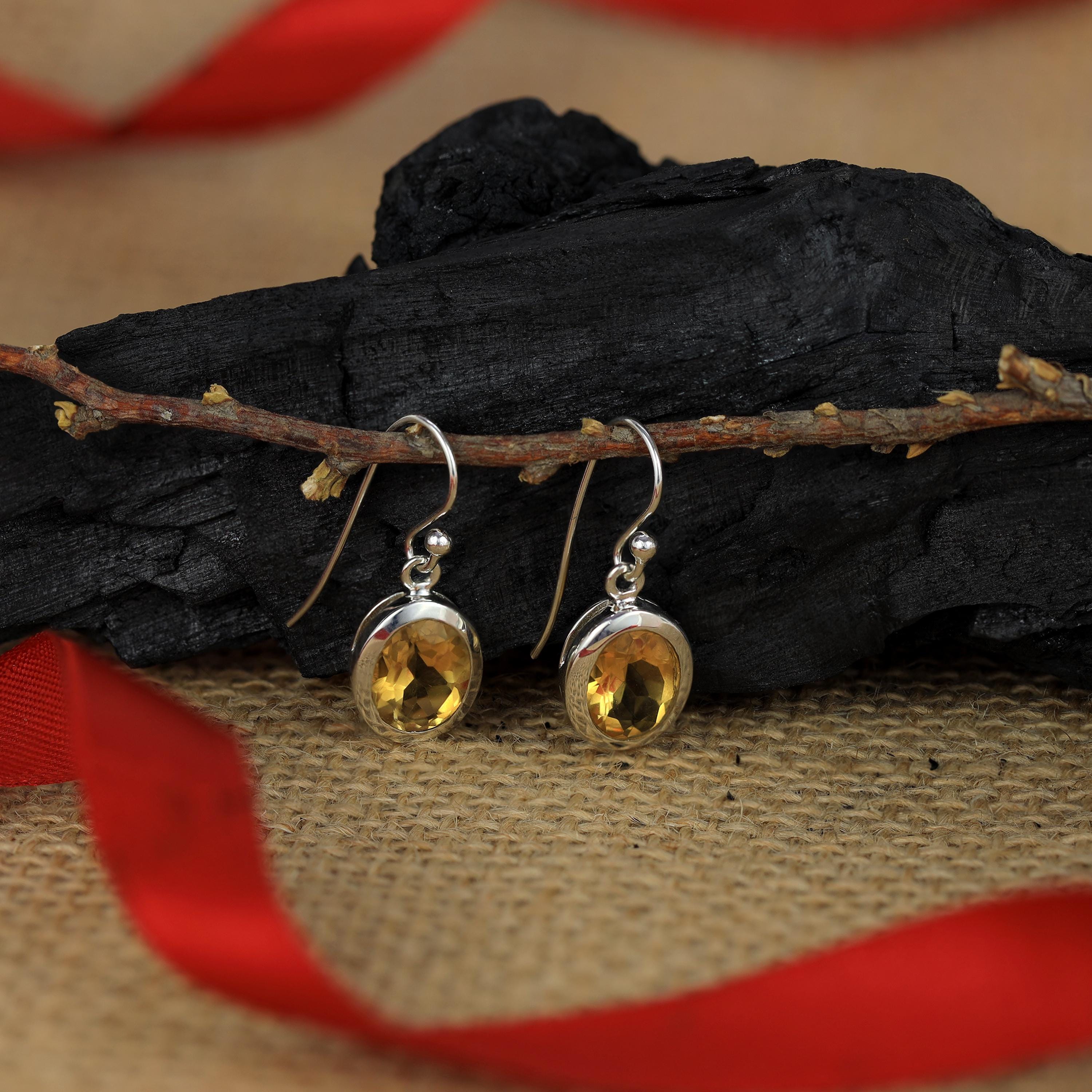 Gemstone dangle earrings, 925 silver citrine earrings, oval yellow stone, gift for daughter