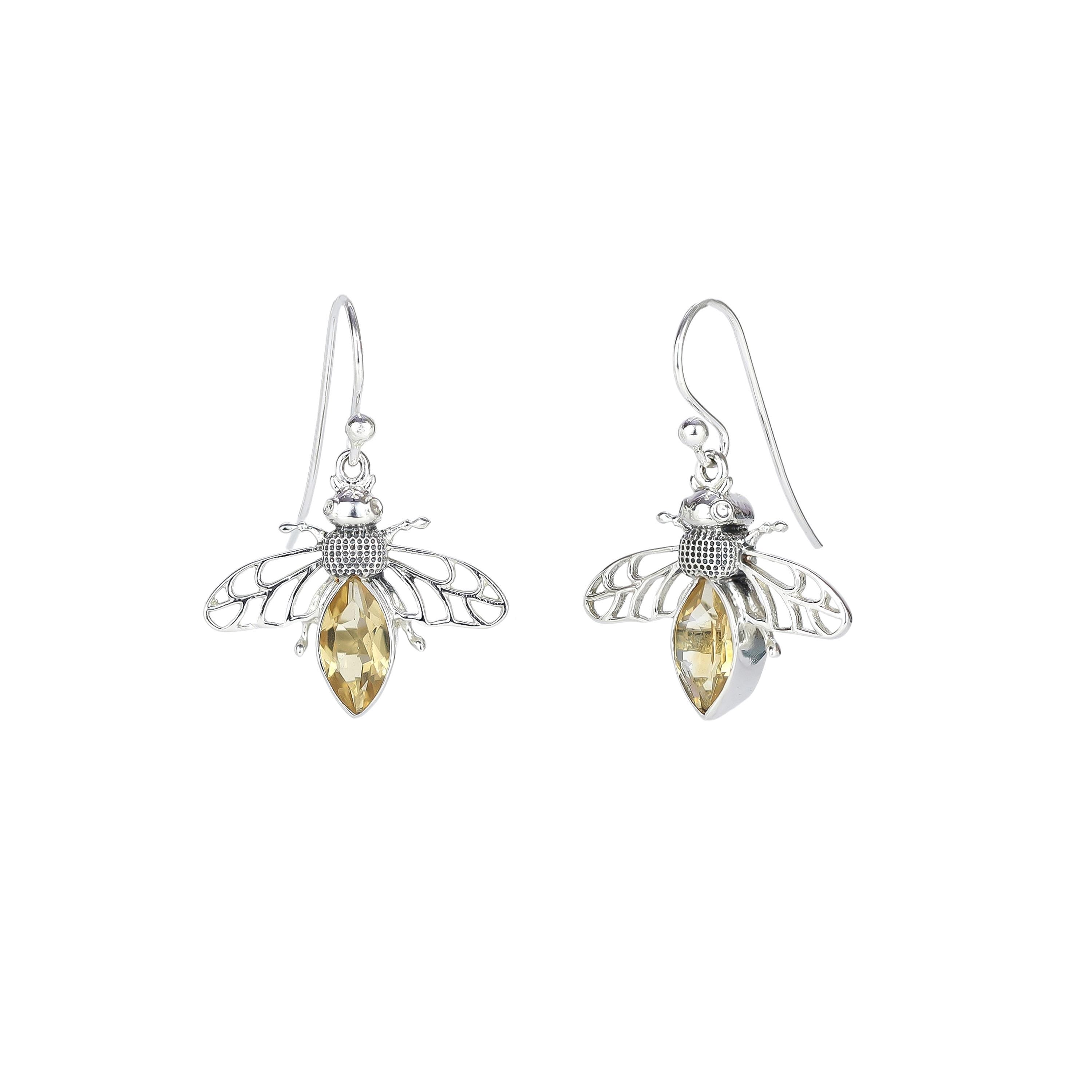 Citrine Bee Earrings, 925 silver dangle charm earrings, gift for daughter