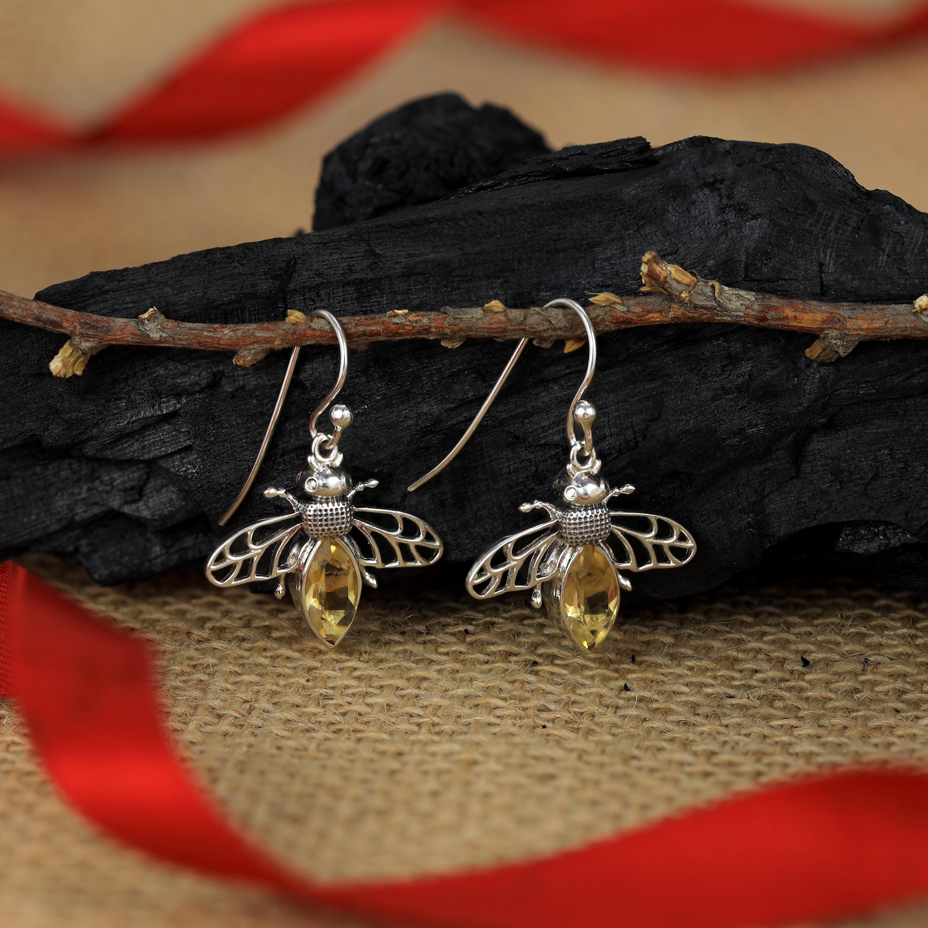 Citrine Bee Earrings, 925 silver dangle charm earrings, gift for daughter