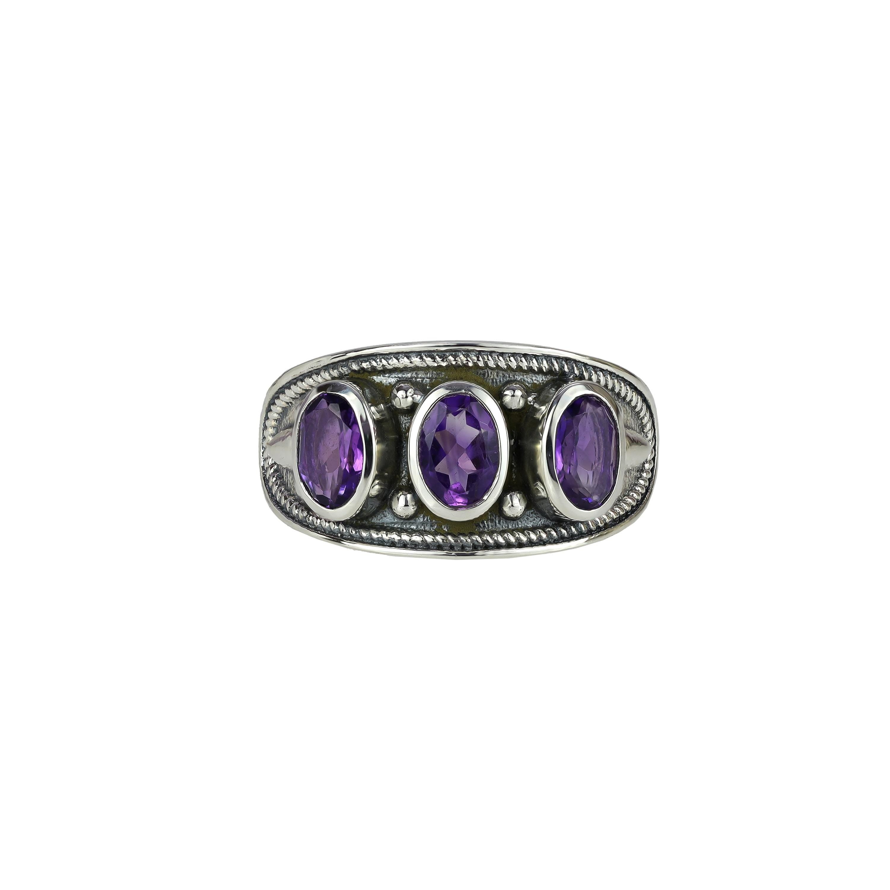 Amethyst Sterling Silver Three Stone Ring: 925 Gemstone Ring