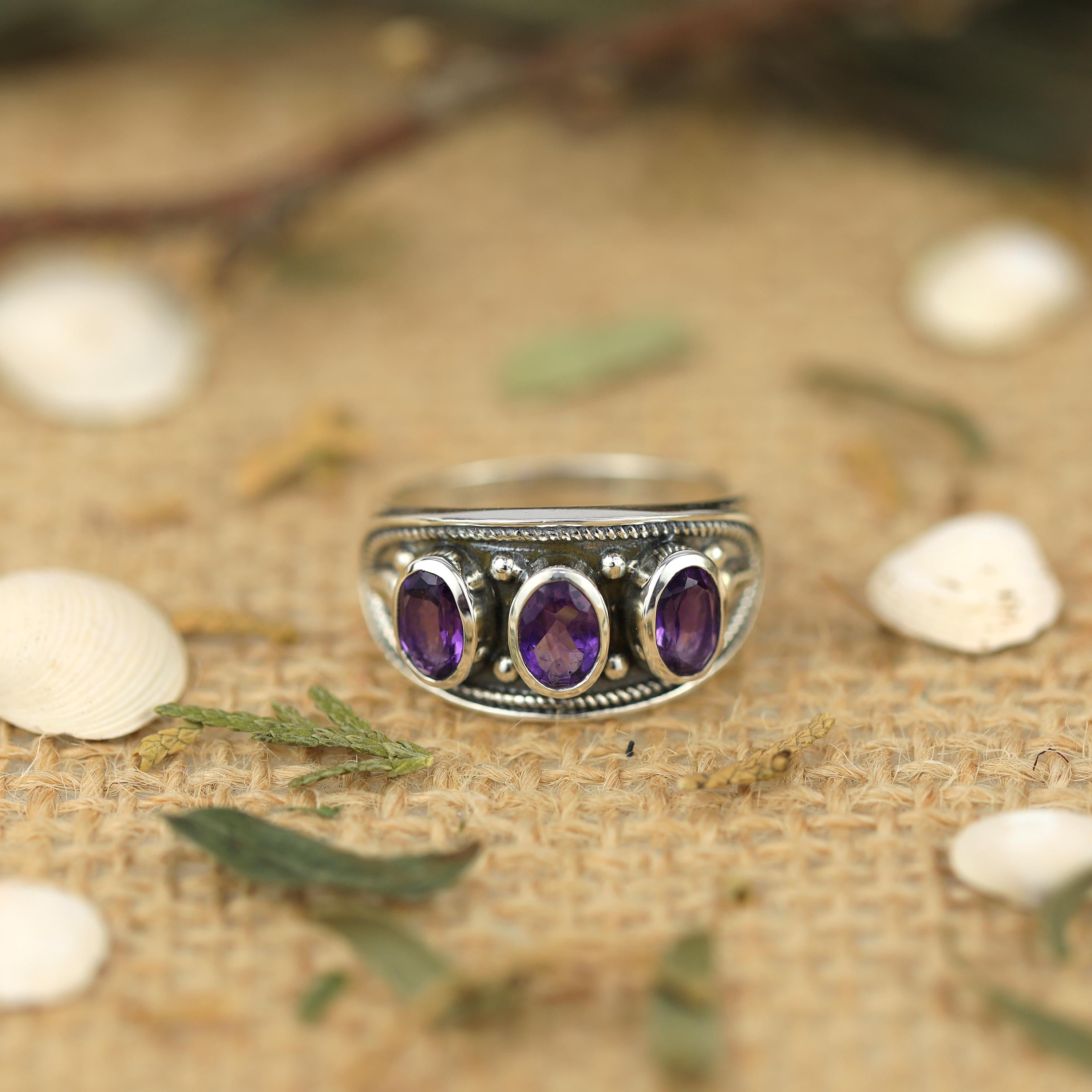Amethyst Sterling Silver Three Stone Ring: 925 Gemstone Ring