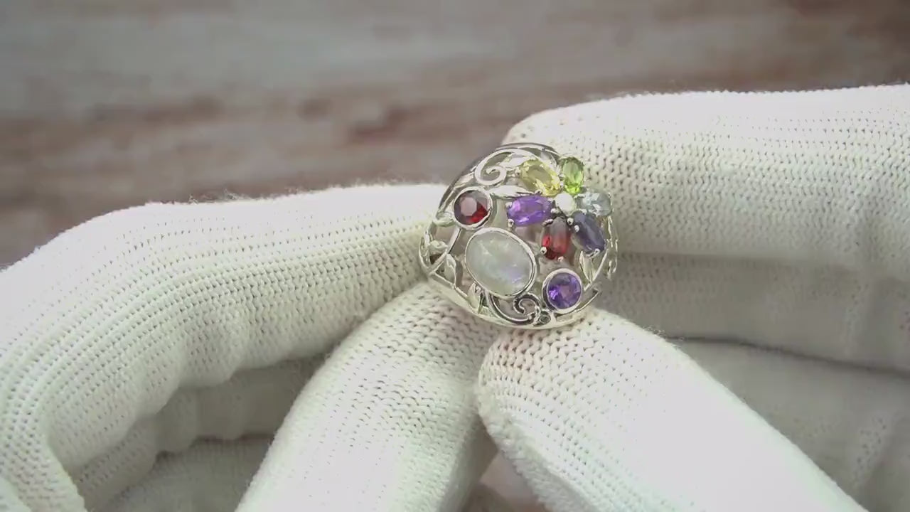 Multi Gemstone Ring: Sterling Silver Moonstone, Garnet, Peridot
