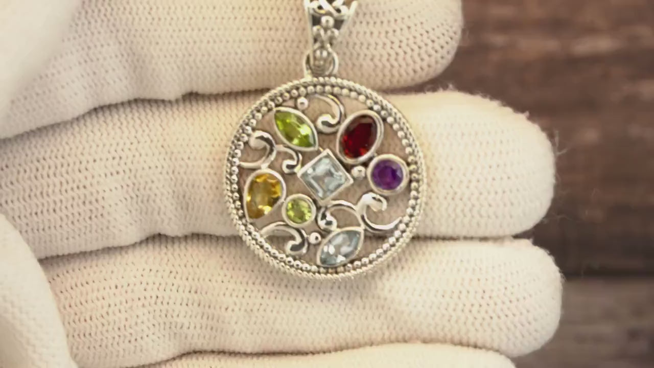 Multi Gemstone Sterling Silver Pendant: Colorful 925 Jewelry