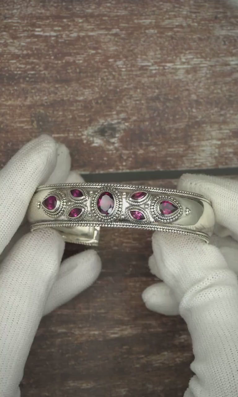 Rhodolite Garnet Cuff: Adjustable Sterling Silver Bracelet