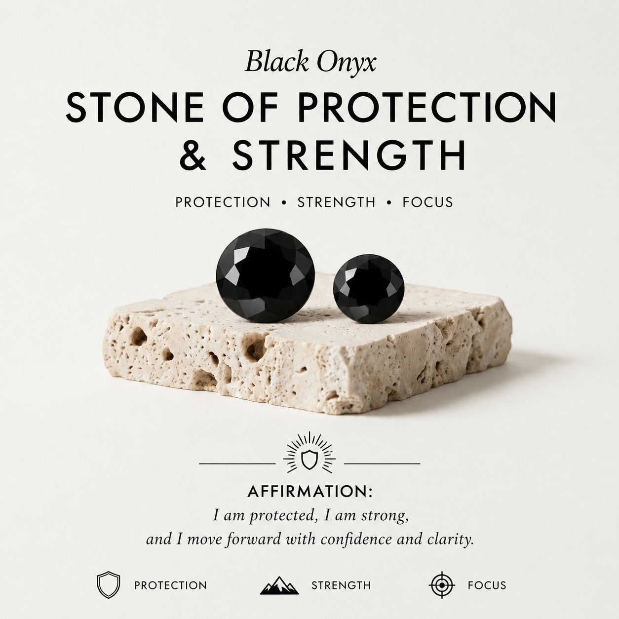 ZIVORI black onyx stones displayed on a textured stone base, representing protection, strength, and focus.