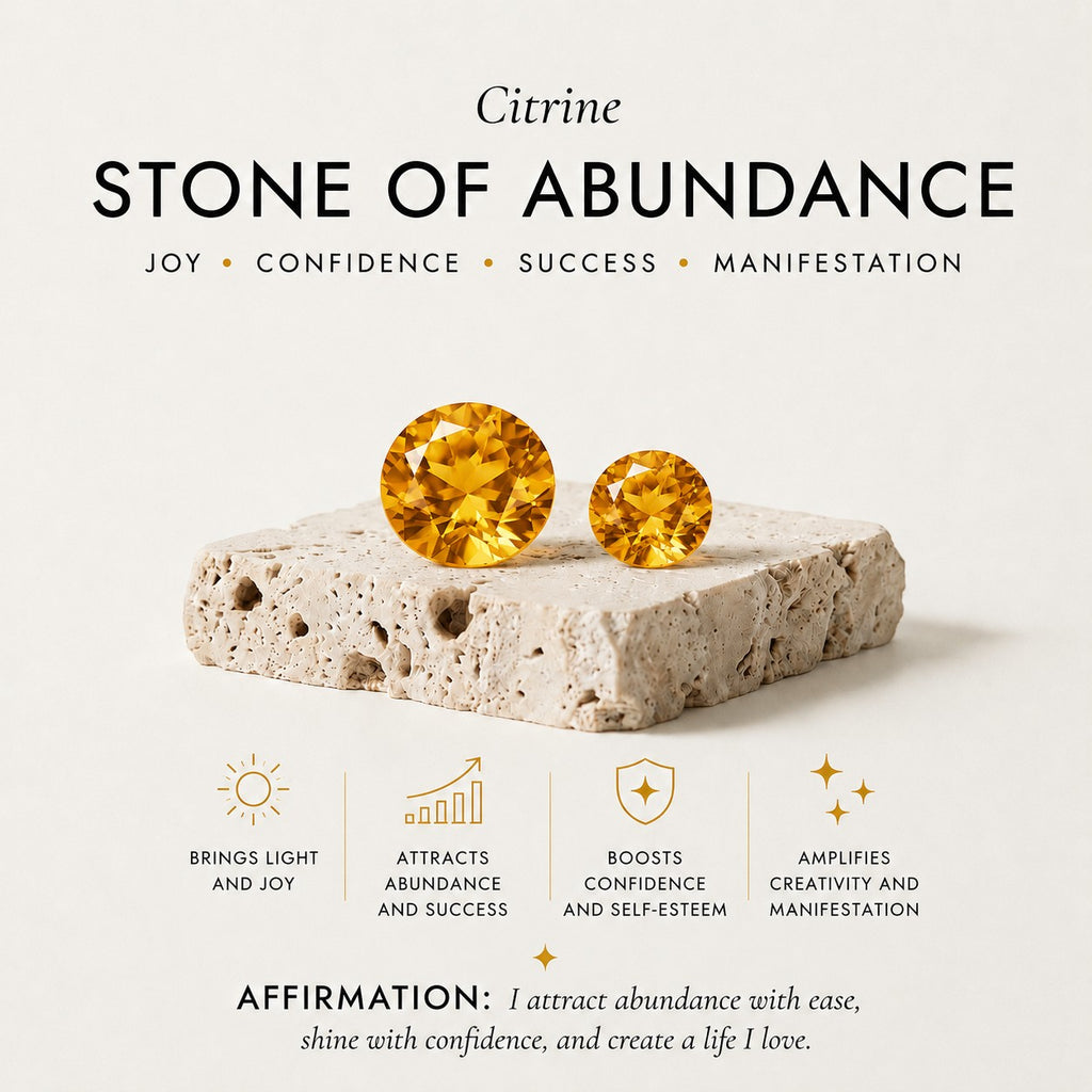 ZIVORI Citrine Stone of Abundance graphic featuring two round citrine gemstones on a textured stone base.