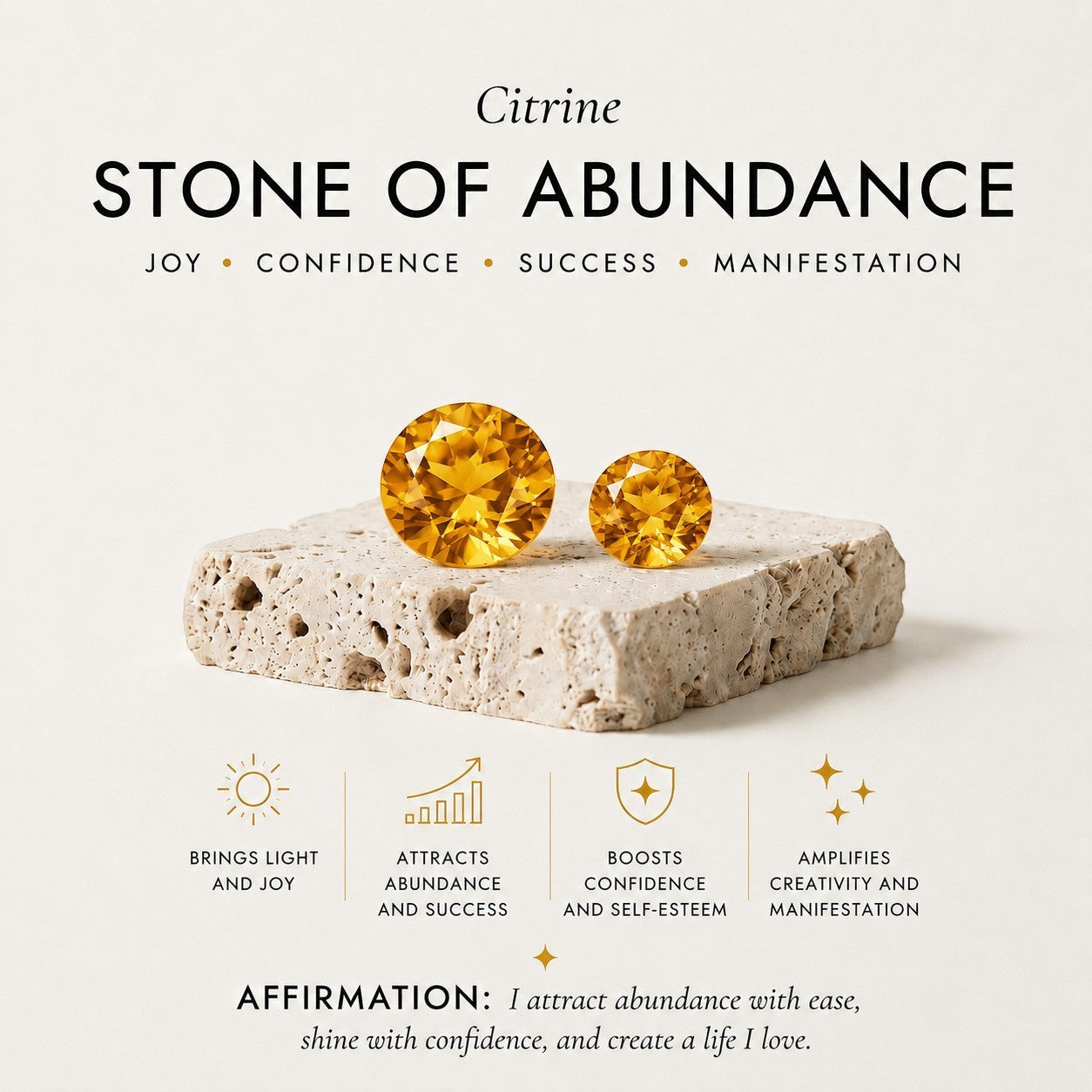 ZIVORI Citrine Stone of Abundance graphic featuring two round citrine gemstones on a textured stone base.
