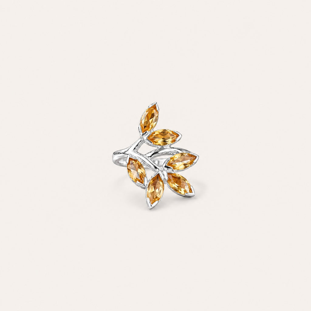 ZIVORI The Gilded Vine ring in 925 sterling silver with six marquise-cut citrine leaves in a sculptural branch design.