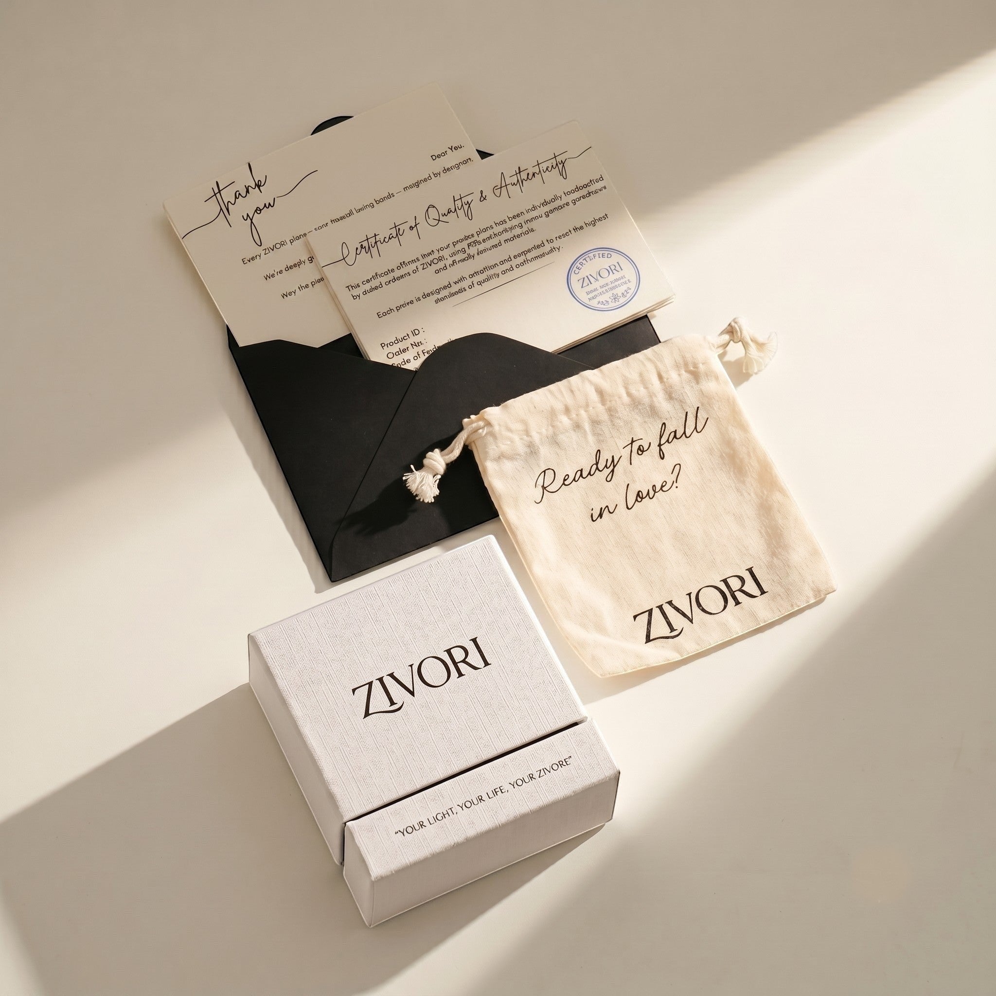ZIVORI The Gilded Vine Citrine Ring packaging with branded gift box, cotton pouch, and certificate of authenticity.