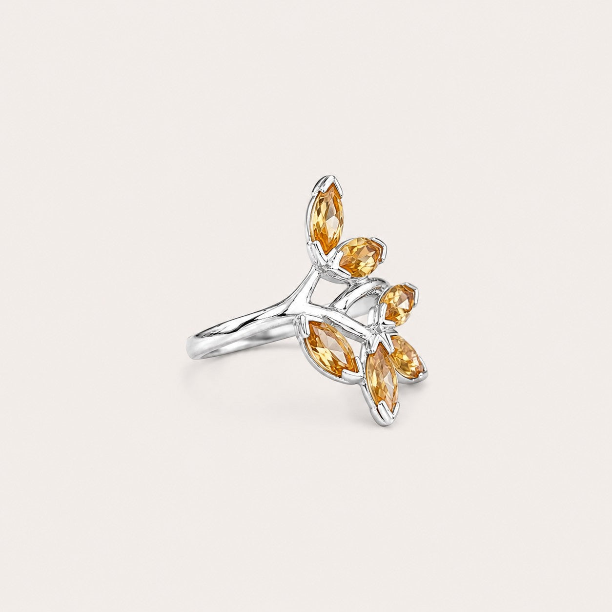 ZIVORI The Gilded Vine ring in 925 sterling silver with six marquise-cut citrine leaves in a sculptural branch design.