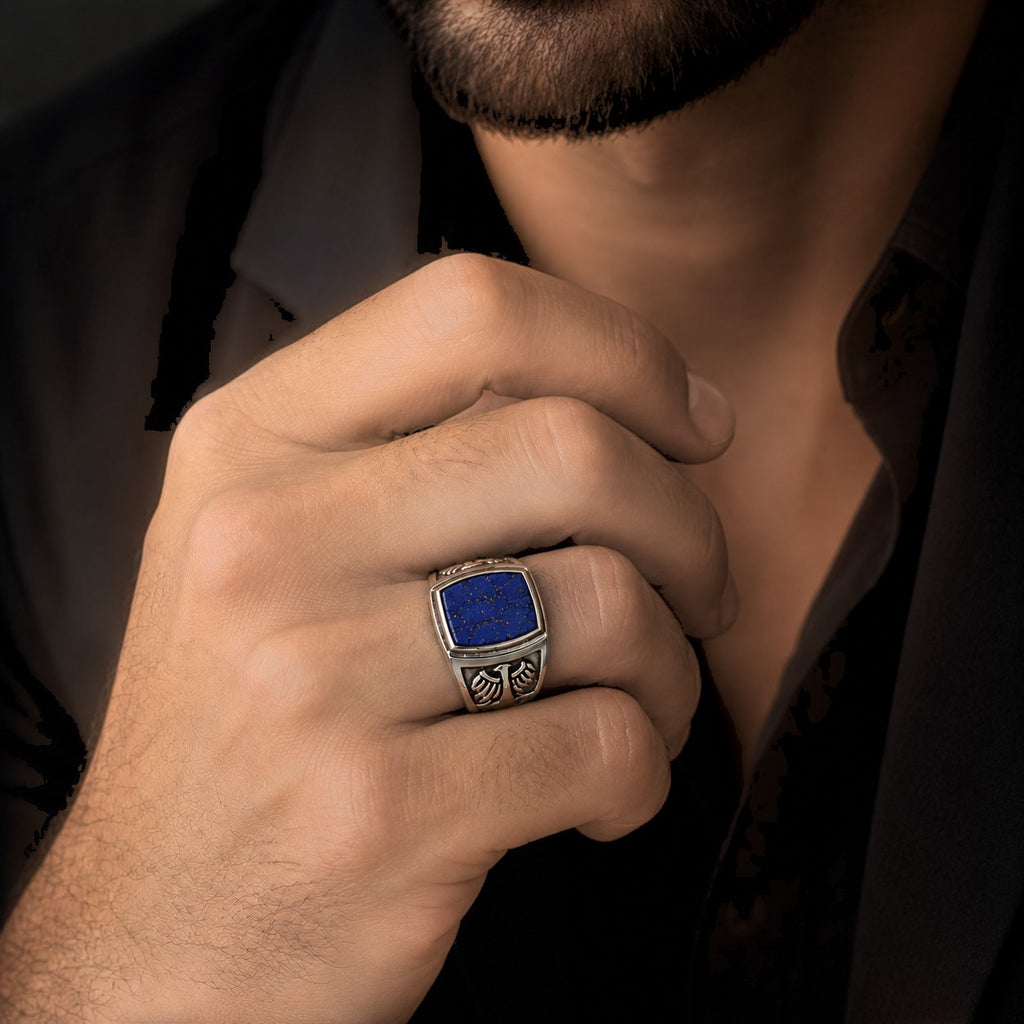 ZIVORI Heritage Lapis Lazuli signet ring in 925 sterling silver with intricate side detailing worn on a man's hand.