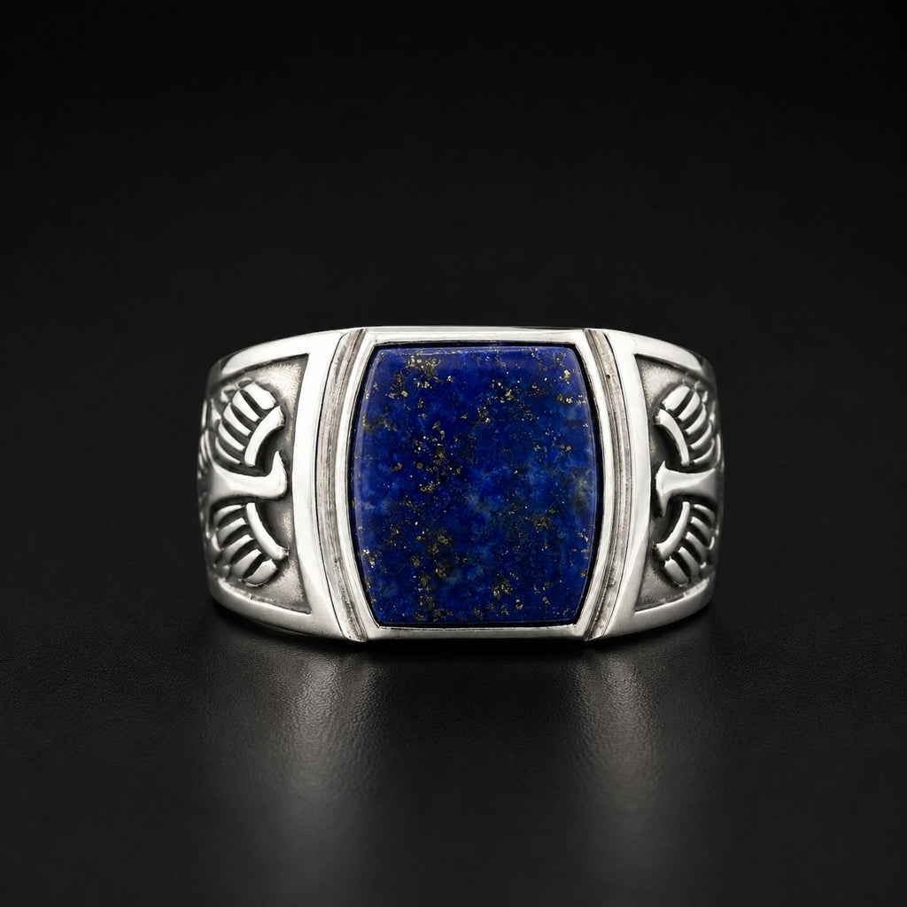 ZIVORI sterling silver signet ring with a deep blue lapis lazuli stone and intricate handcrafted side engravings.