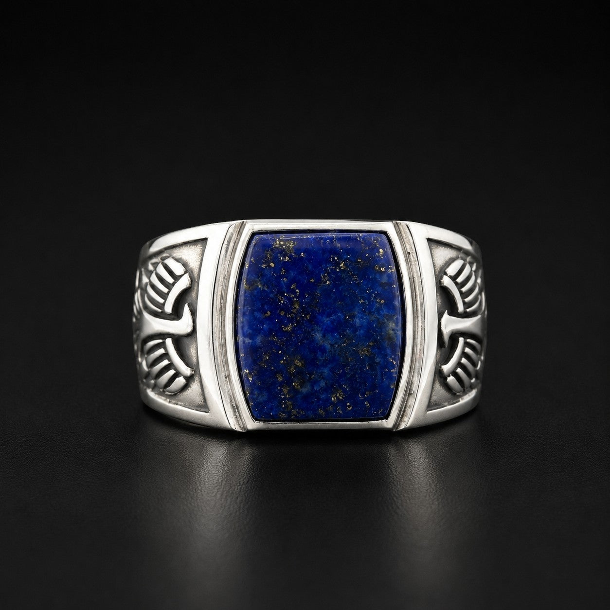 ZIVORI sterling silver signet ring with a deep blue lapis lazuli stone and intricate handcrafted side engravings.