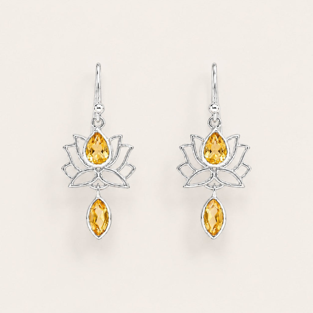 ZIVORI sterling silver lotus drop earrings featuring pear and marquise-cut citrine gemstones on fishhook wires.