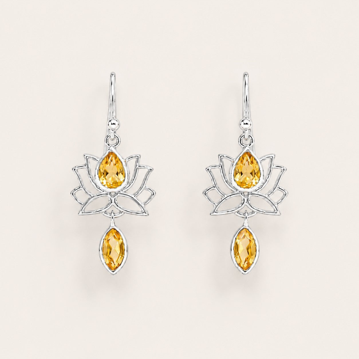 ZIVORI sterling silver lotus drop earrings featuring pear and marquise-cut citrine gemstones on fishhook wires.