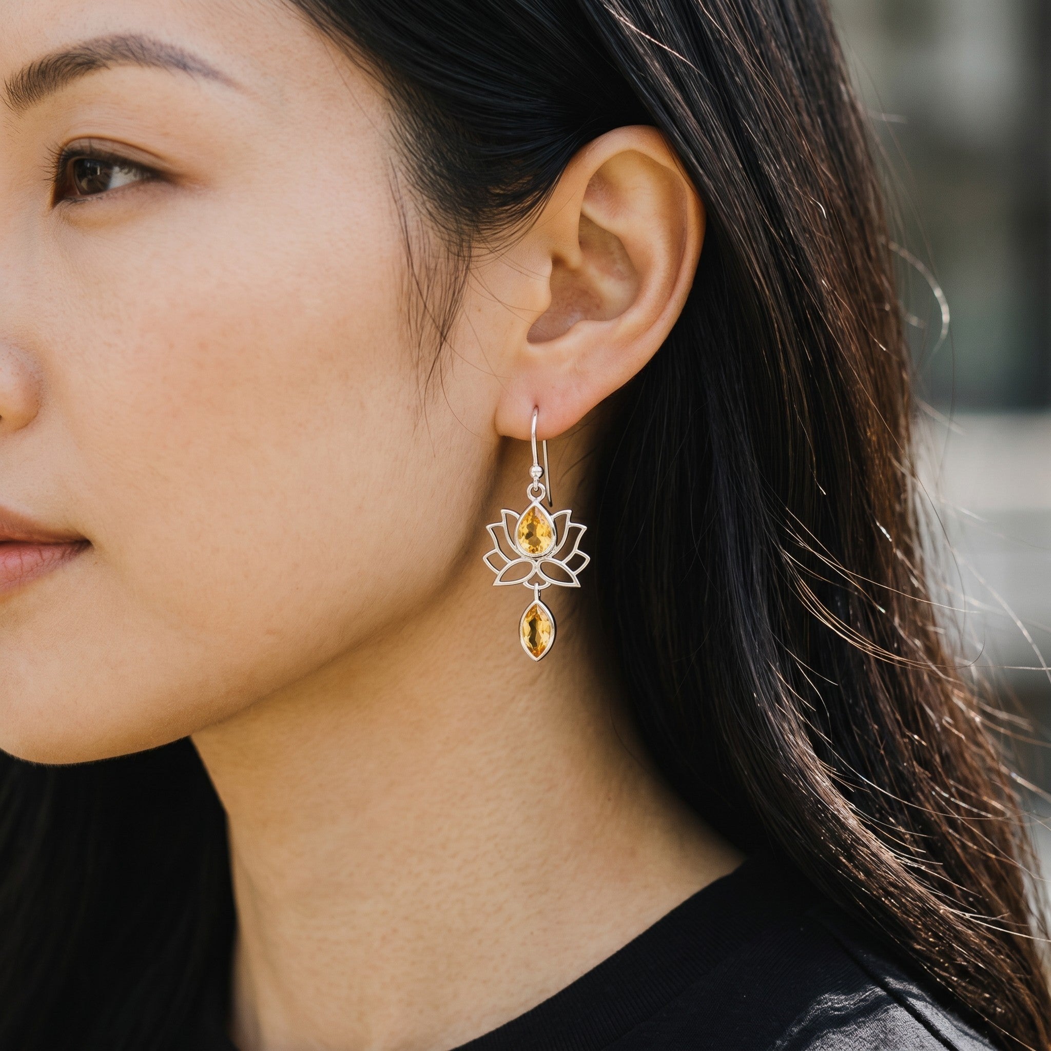 ZIVORI lotus drop earrings featuring pear and marquise-cut citrine stones set in polished 925 sterling silver.
