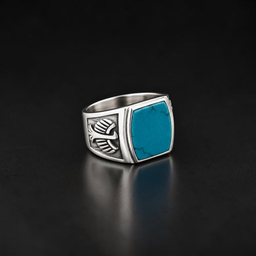 ZIVORI men's signet ring in 925 sterling silver featuring a natural turquoise stone and an eagle side engraving.
