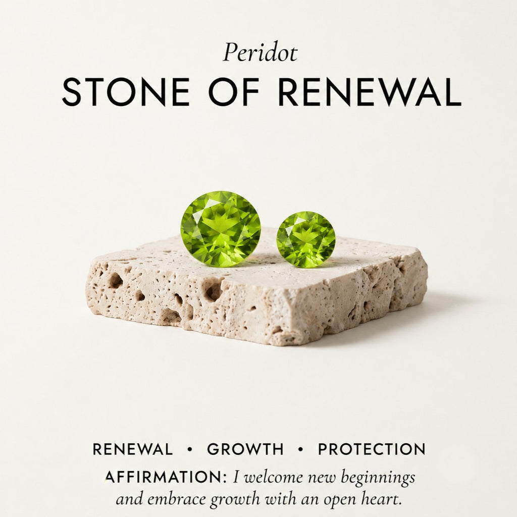 ZIVORI Verdant Trilogy Ring featuring natural green peridot stones on a textured stone display for renewal and growth.