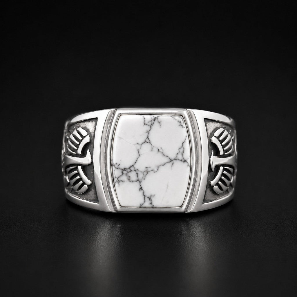 ZIVORI men's signet ring in 925 sterling silver featuring a natural white howlite stone with intricate side detailing.