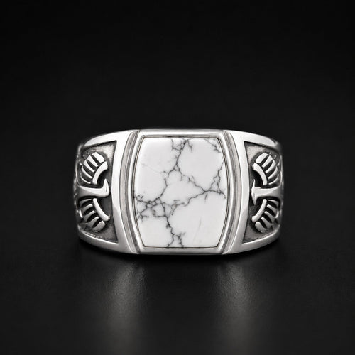 ZIVORI men's signet ring in 925 sterling silver featuring a natural white howlite stone with intricate side detailing.