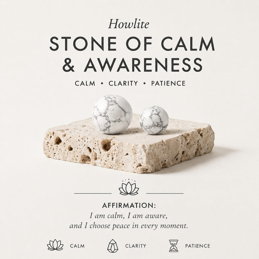 ZIVORI white howlite stones with grey veining resting on a textured stone base, promoting calm and awareness.